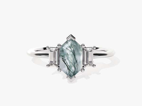 Hexagonal moss agate ring with baguette diamonds