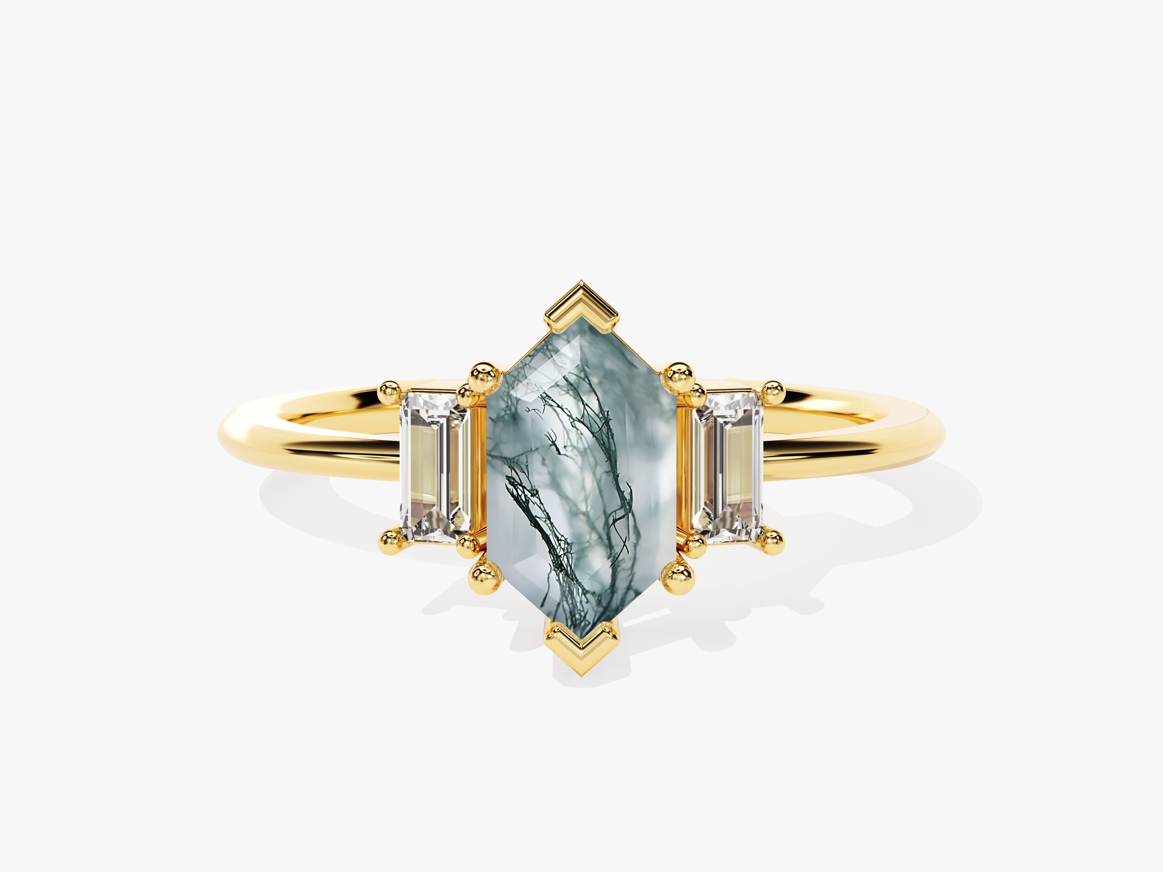 Gold ring with hexagon moss agate and baguette diamonds