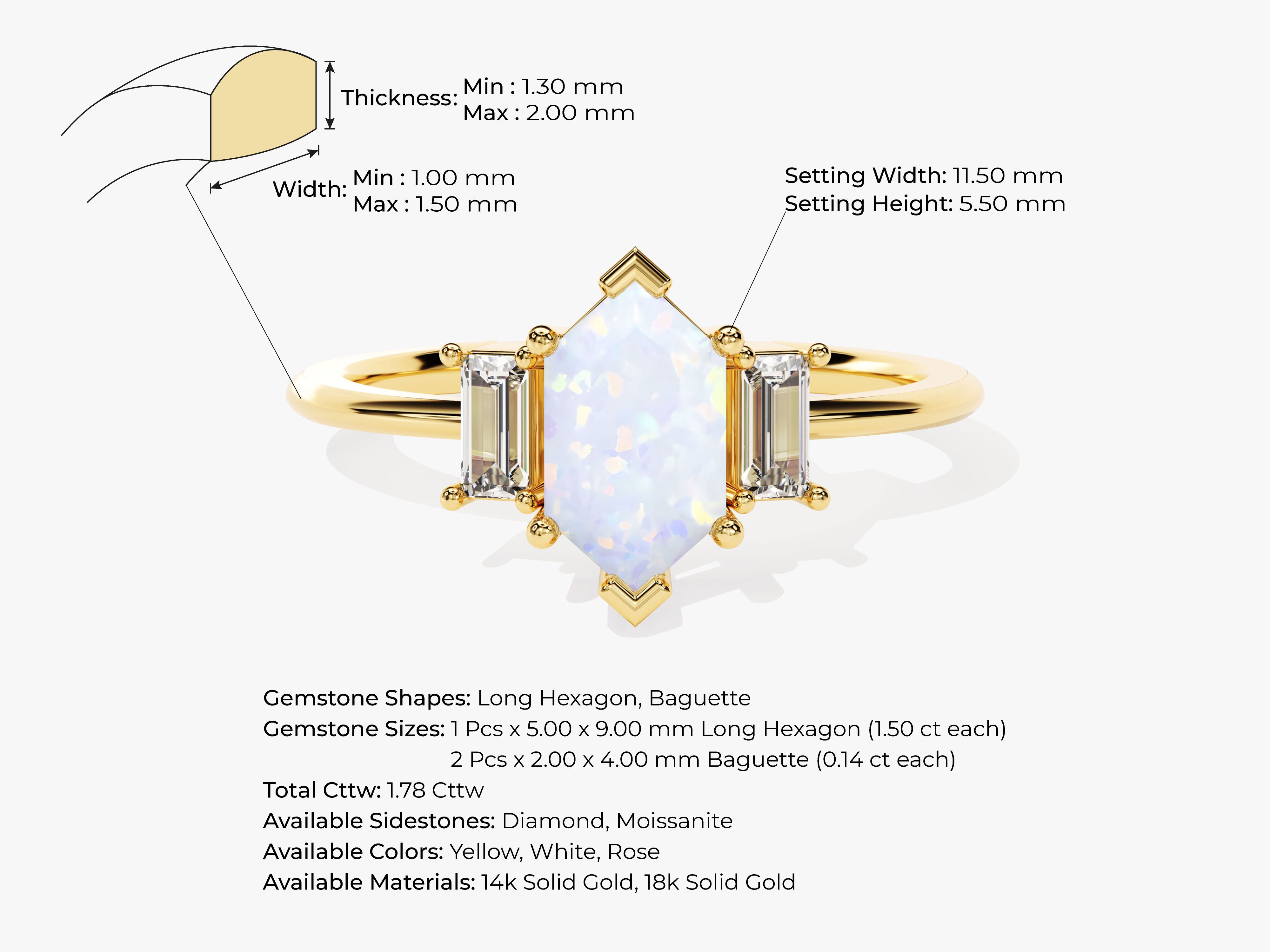 Gold ring with opal and baguette diamonds, jewelry design