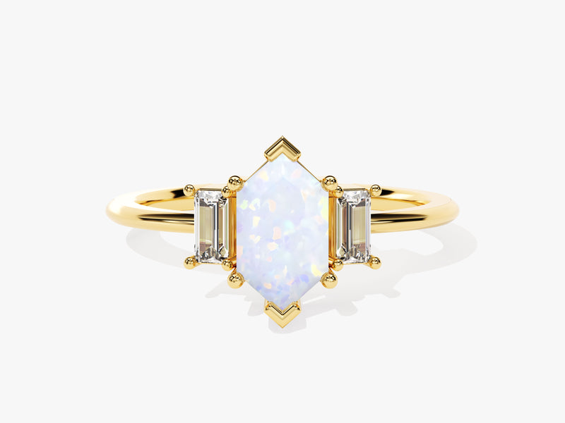 Long Hexagon Opal Engagement Ring with Baguette Moissanite Sidestones