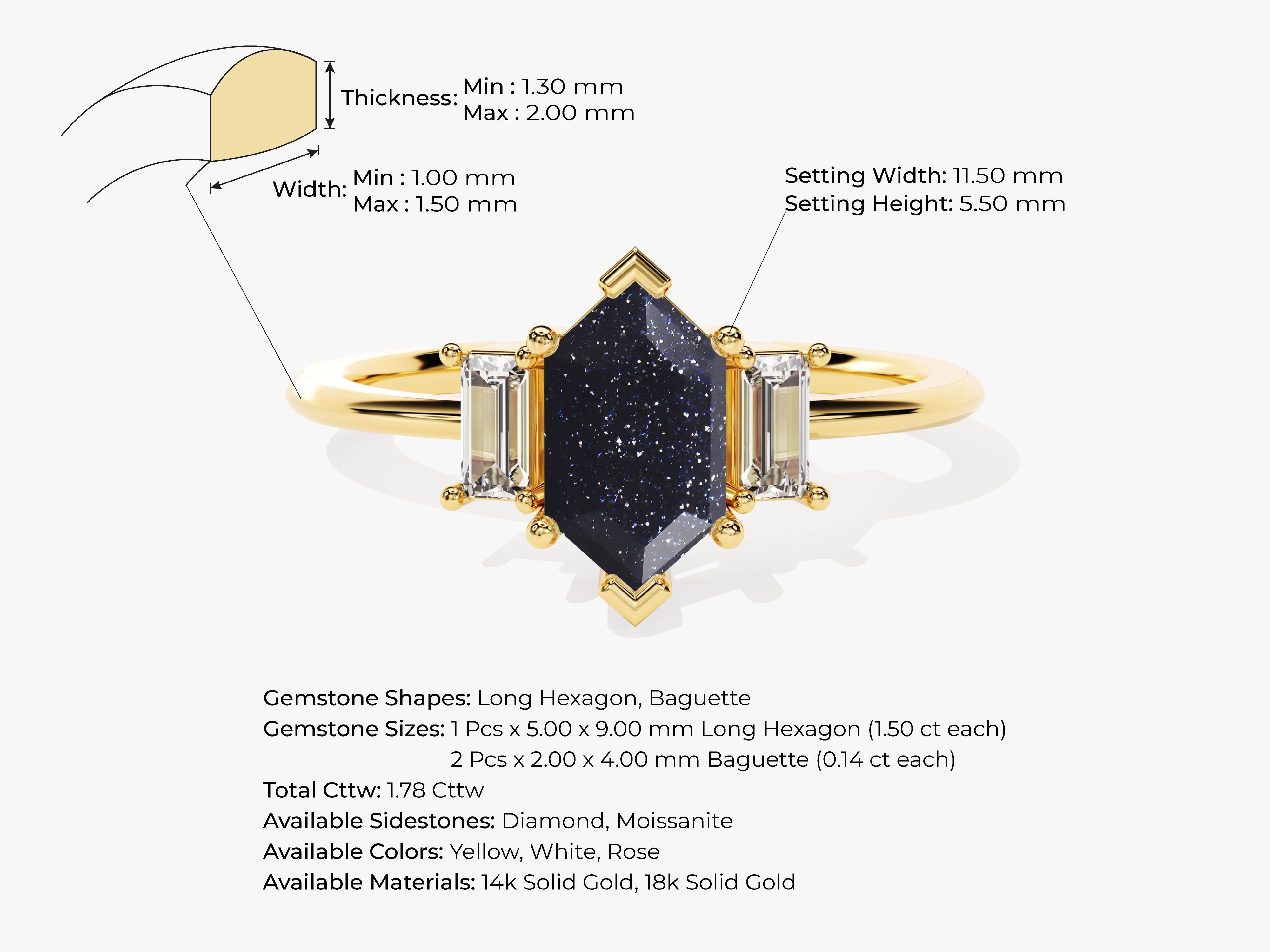 Gold ring with hexagon gemstone and baguette diamonds