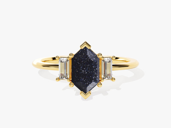 Long Hexagon Blue Sandstone Engagement Ring with Baguette Moissanite Sidestones