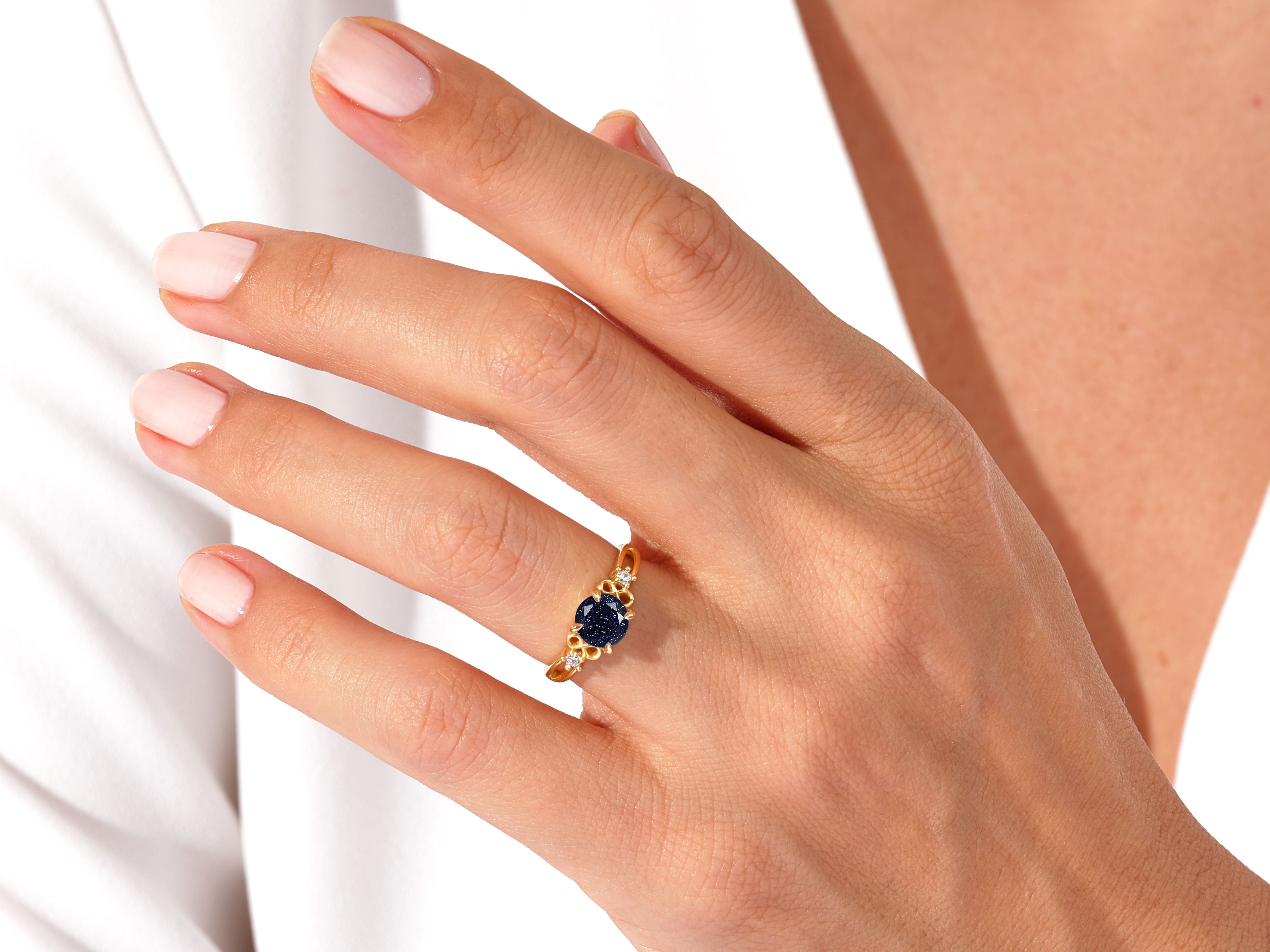 Art Deco Blue Sandstone Engagement Ring with Moissanite Sidestones