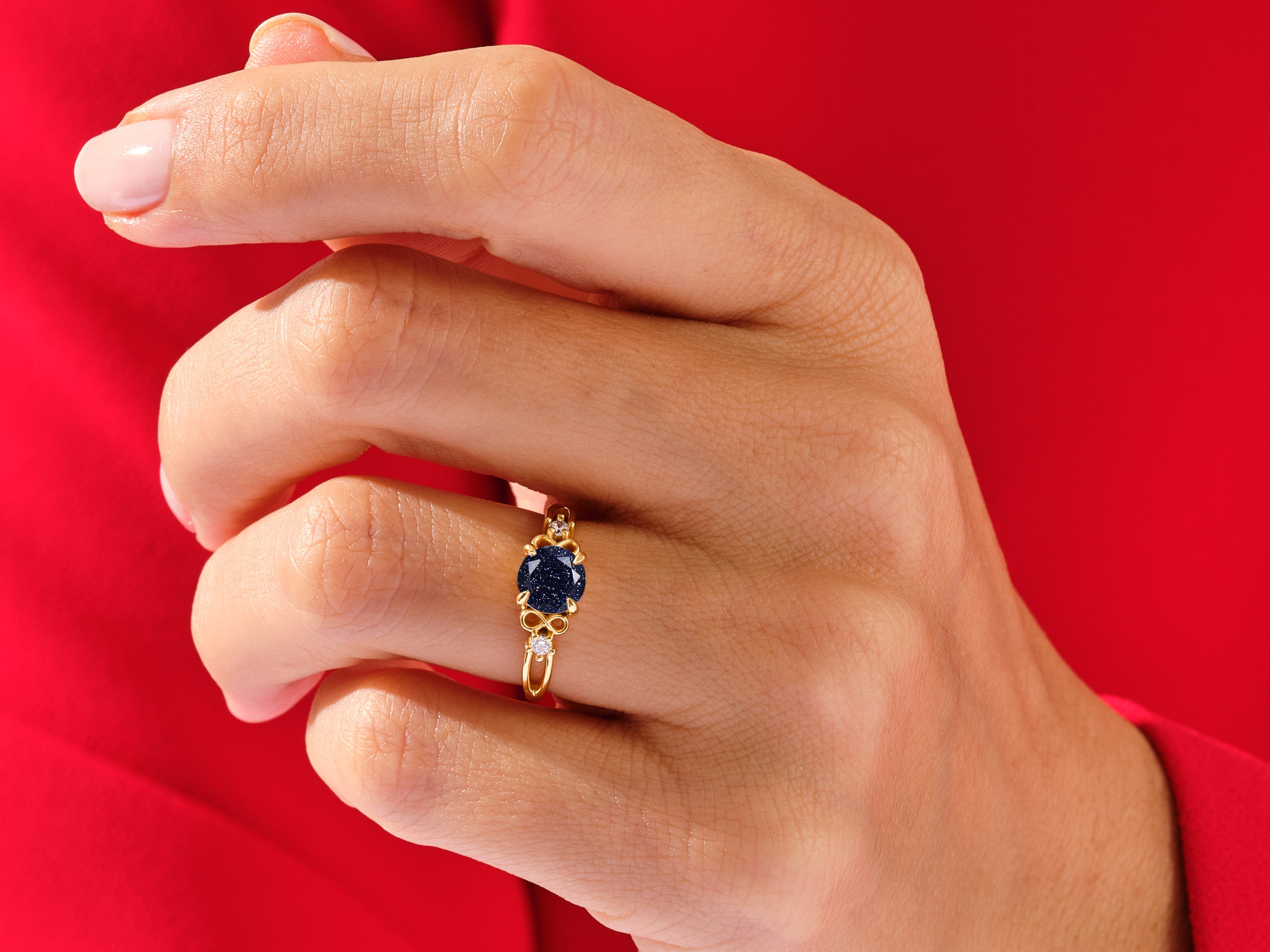 Art Deco Blue Sandstone Engagement Ring with Moissanite Sidestones