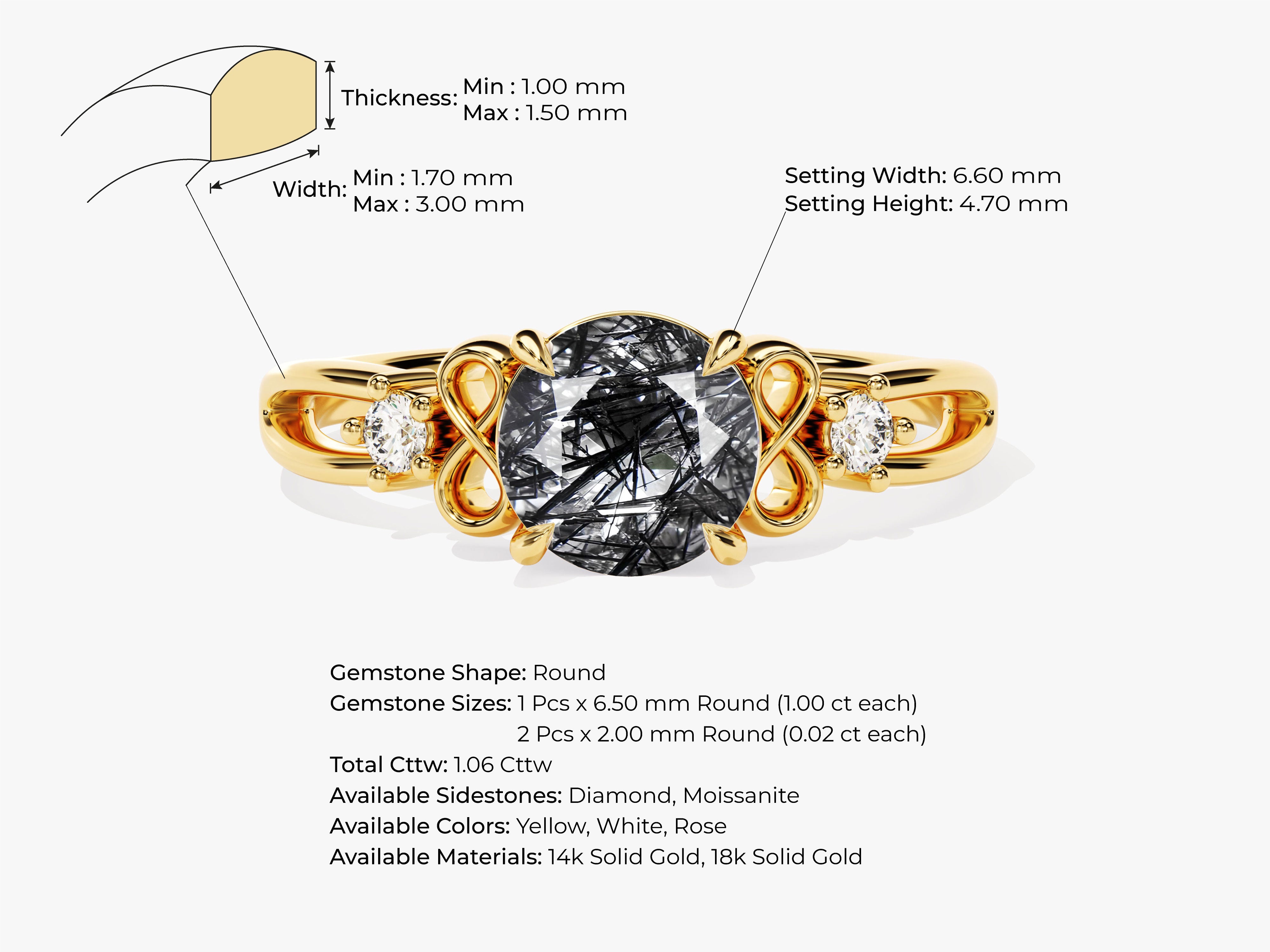 Gold ring with black tourmaline and diamonds, jewelry design