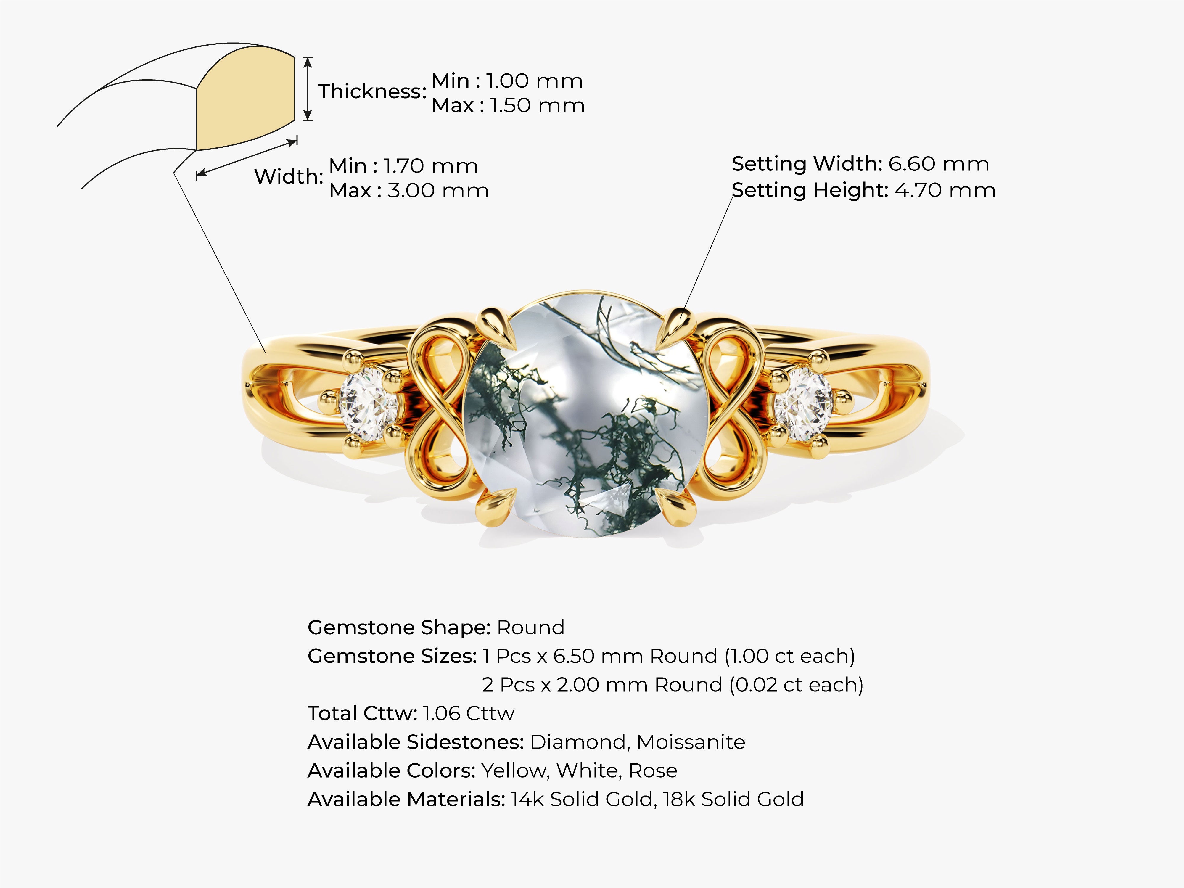 Gold ring with moss agate and diamonds, jewelry design