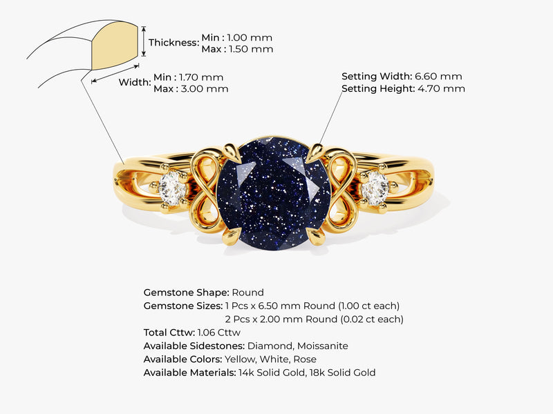 Art Deco Blue Sandstone Engagement Ring with Moissanite Sidestones