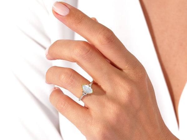 Long Hexagon Moonstone Engagement Ring with Pave Set Moissanite Sidestones