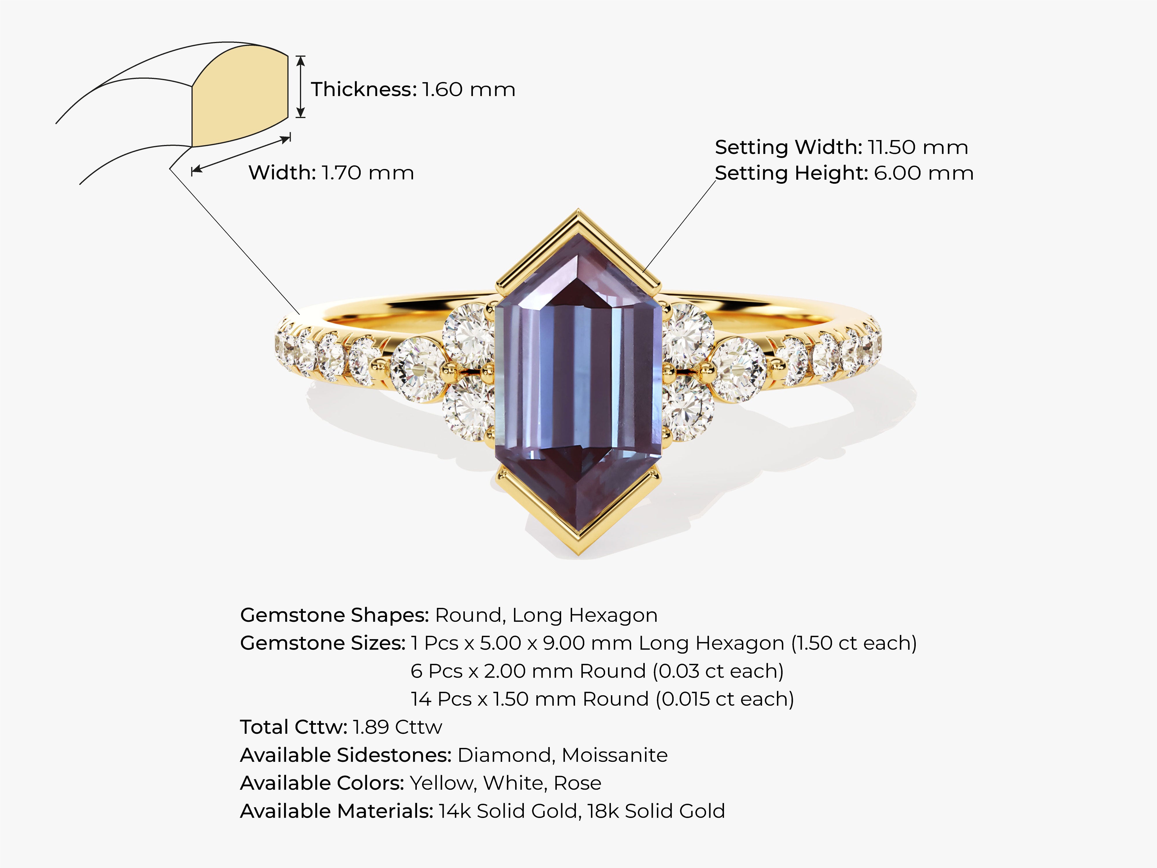 Gold ring with hexagon and round diamonds, jewelry design
