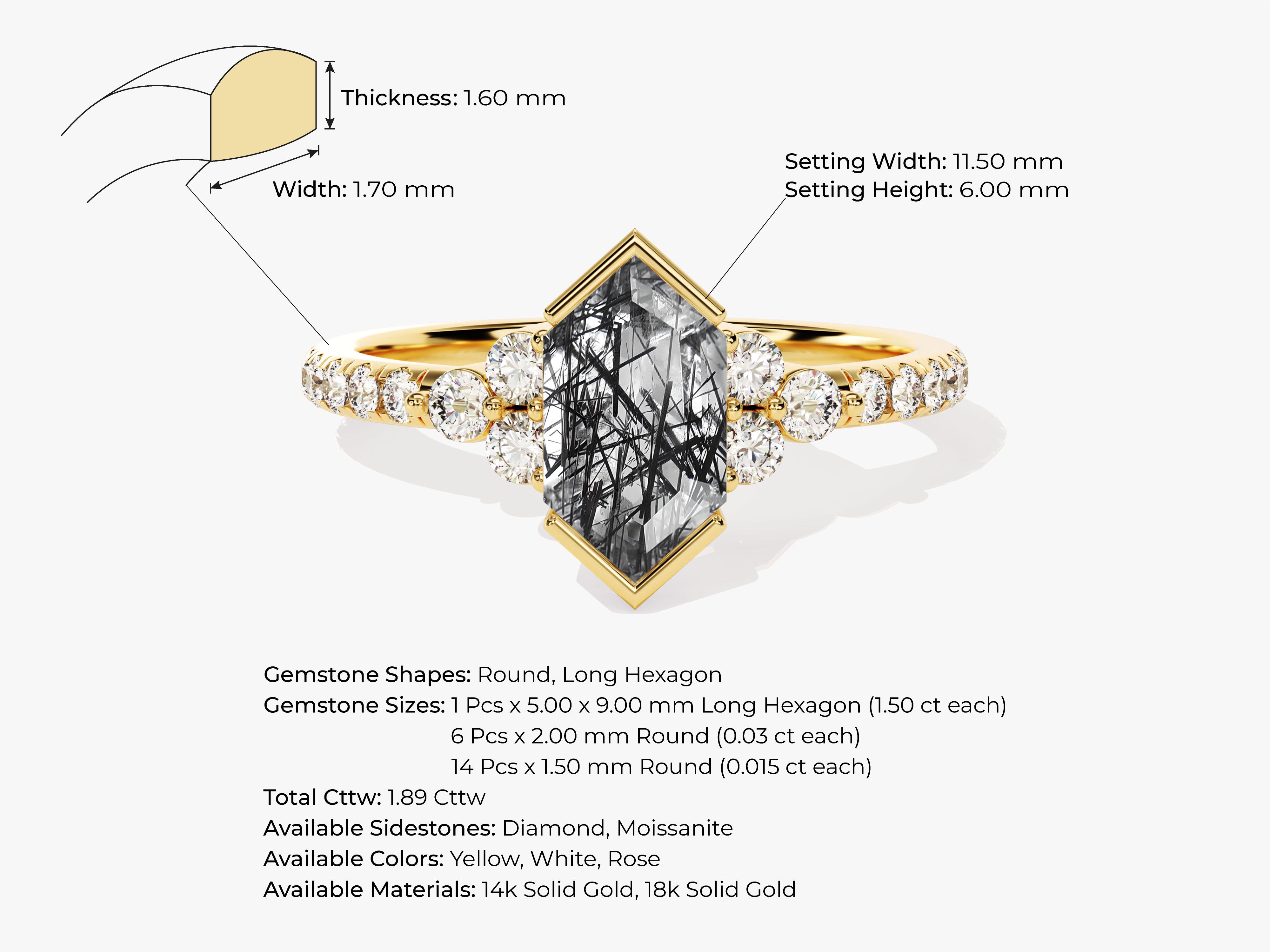 Gold ring with hexagon gemstone and diamond accents