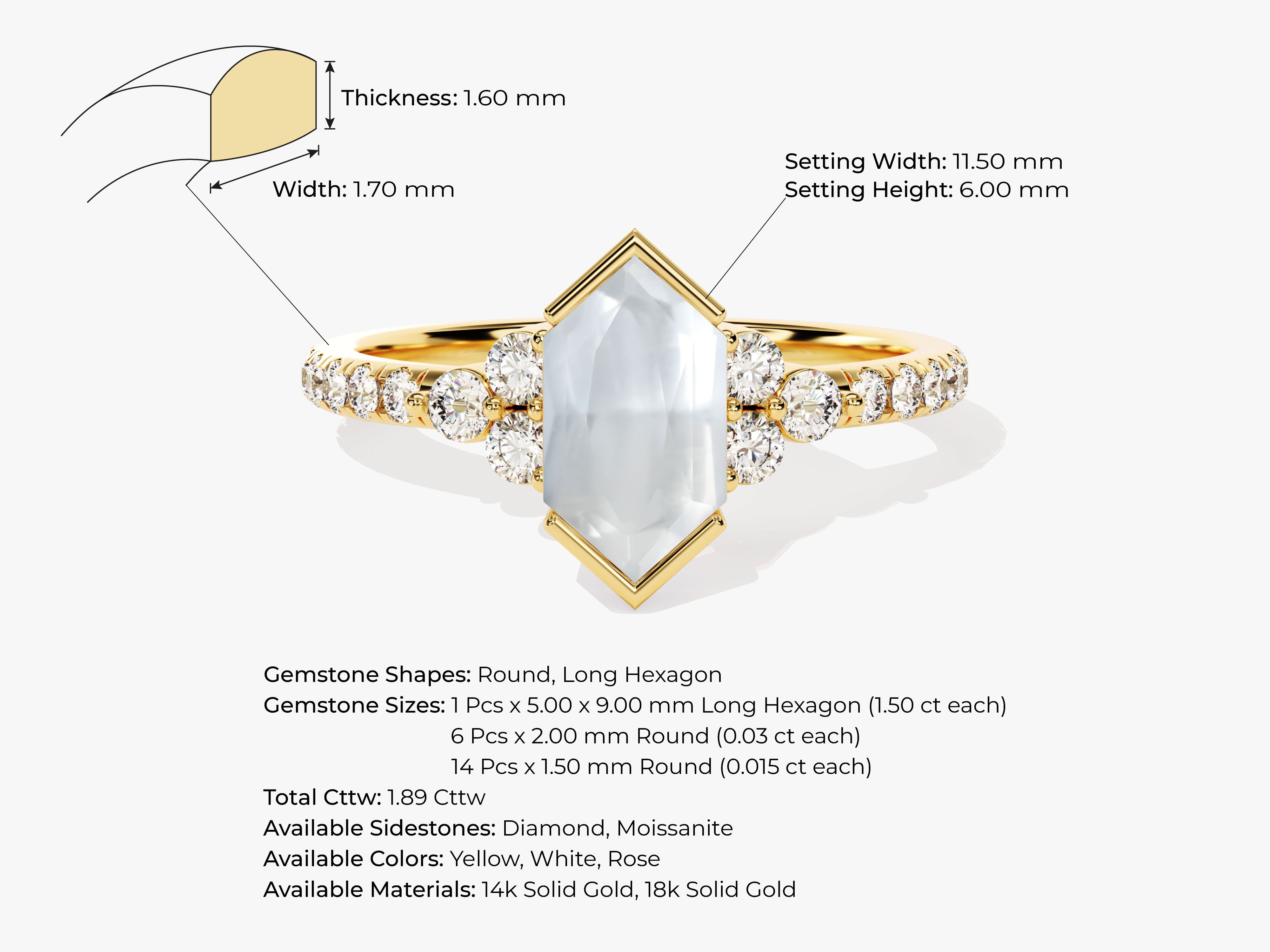 Gold ring with hexagon gemstone and diamond accents