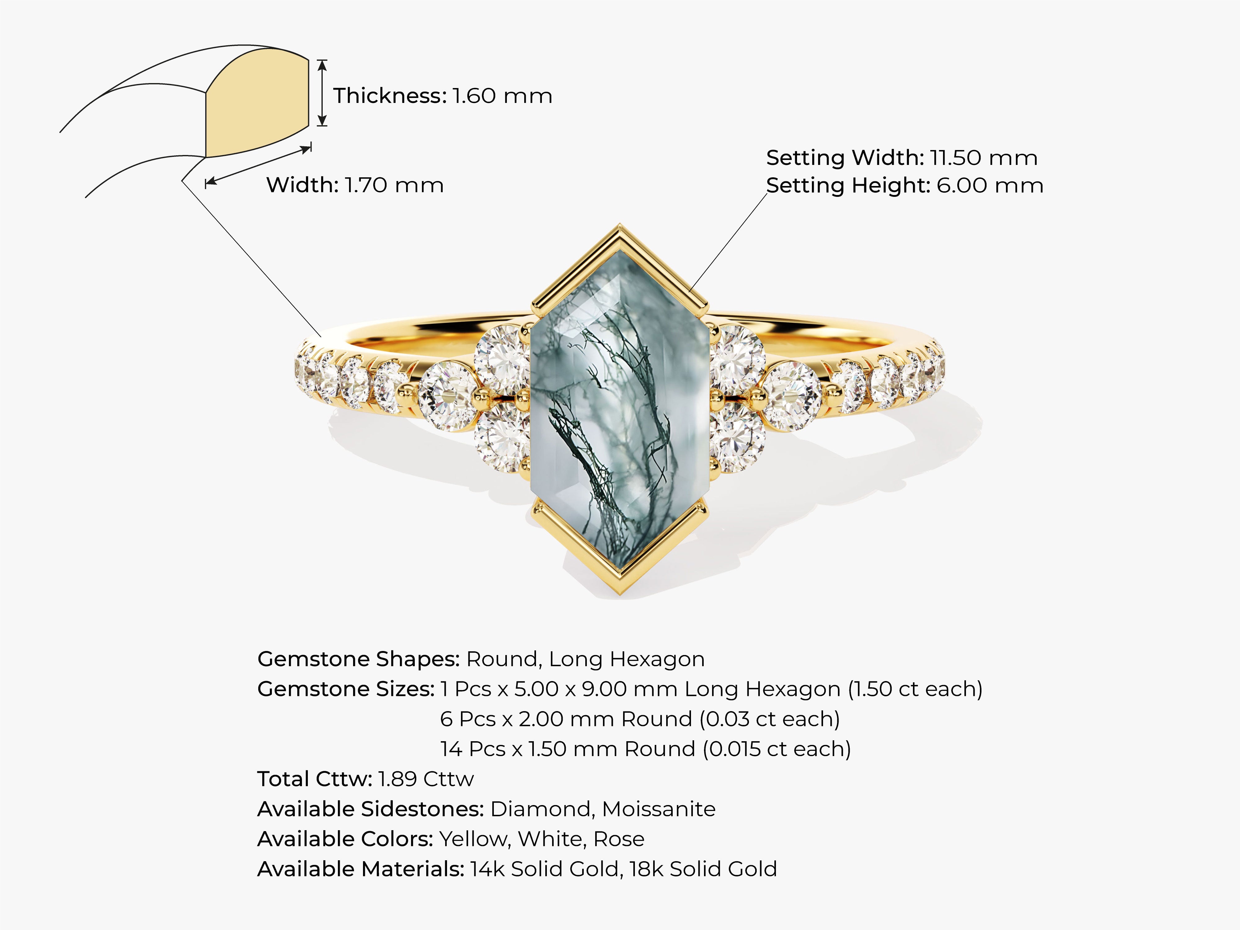 Gold ring with hexagon moss agate and diamond side stones