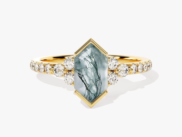 Long Hexagon Moss Agate Engagement Ring with Pave Set Moissanite Sidestones