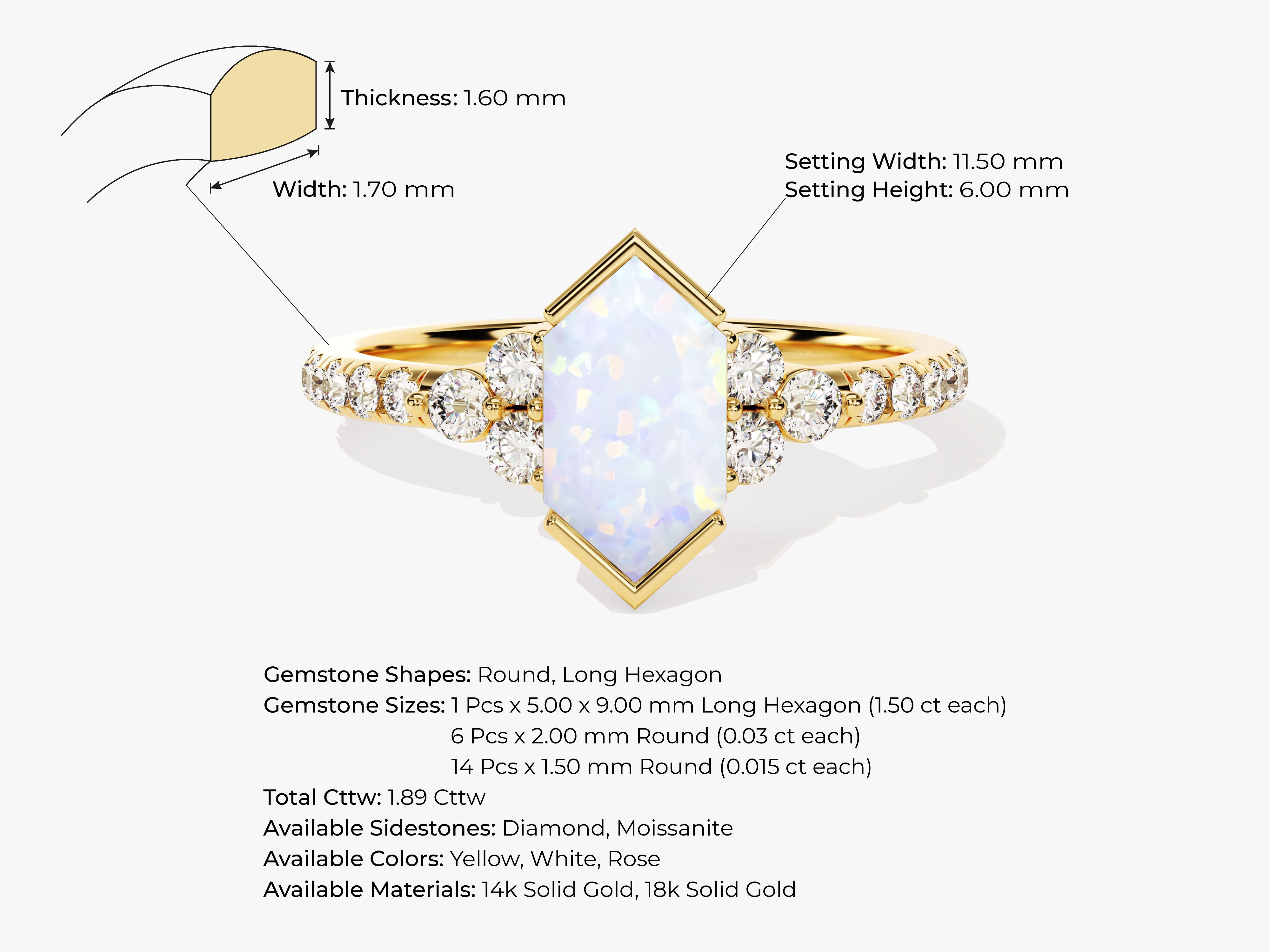 Gold ring with hexagon opal and diamond accents