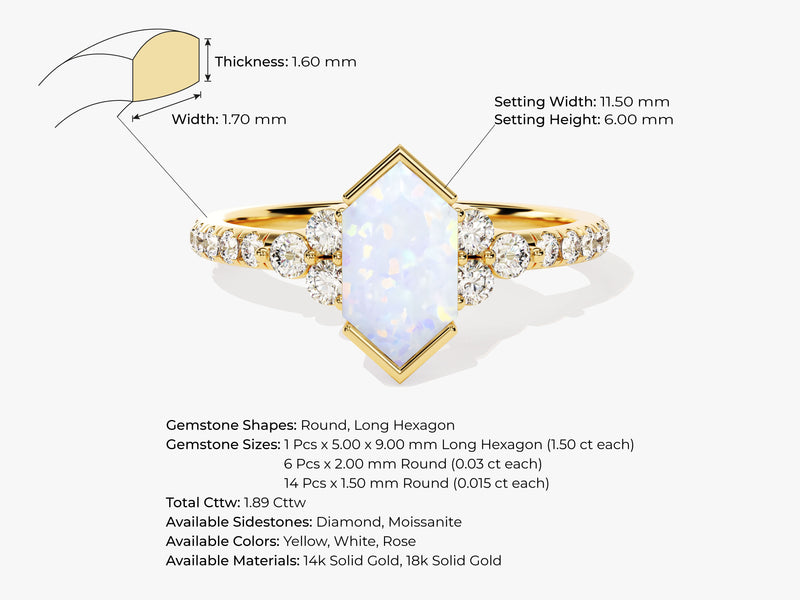 Long Hexagon Opal Engagement Ring with Pave Set Moissanite Sidestones