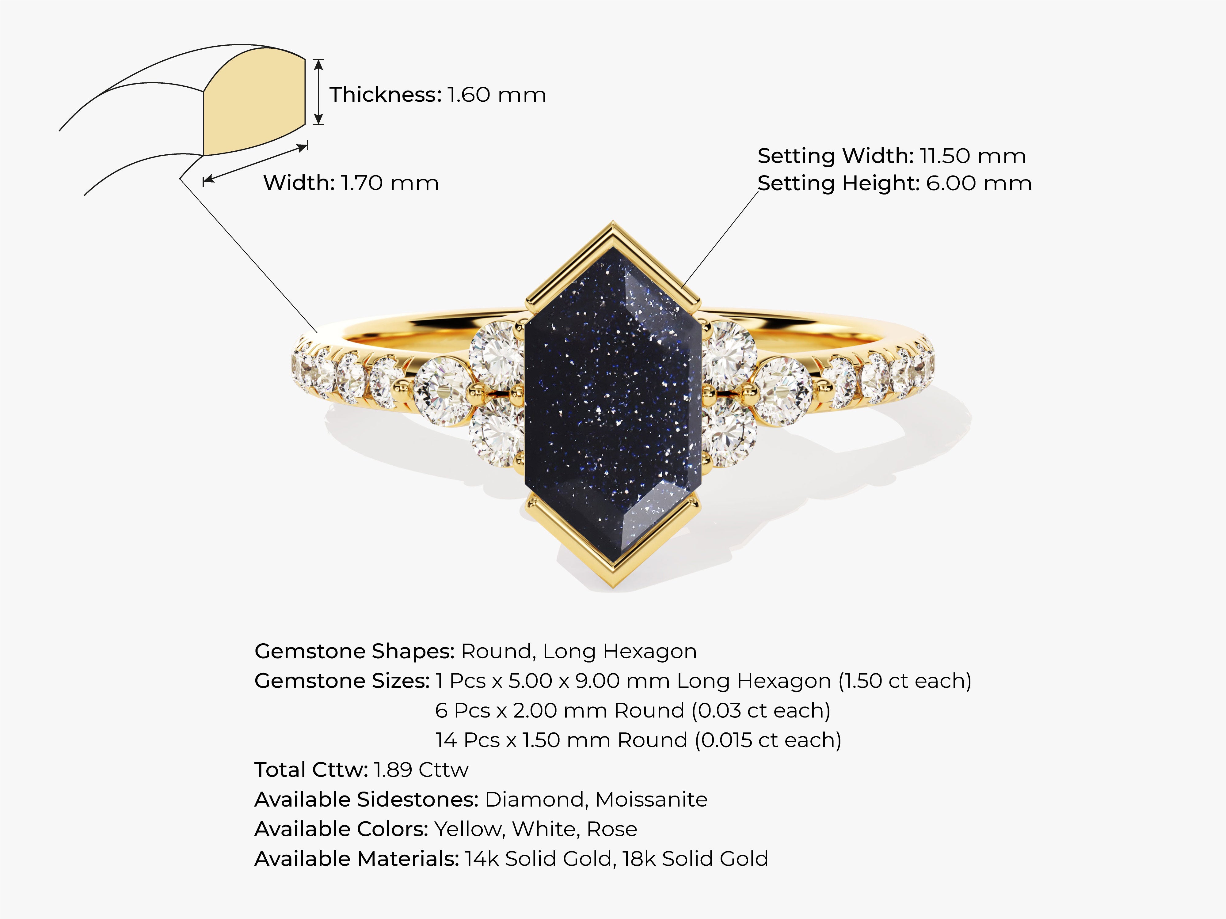 Gold ring with hexagon blue gemstone and diamonds