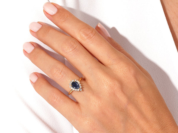 Pear Blue Sandstone Engagement Ring with Moissanite Halo