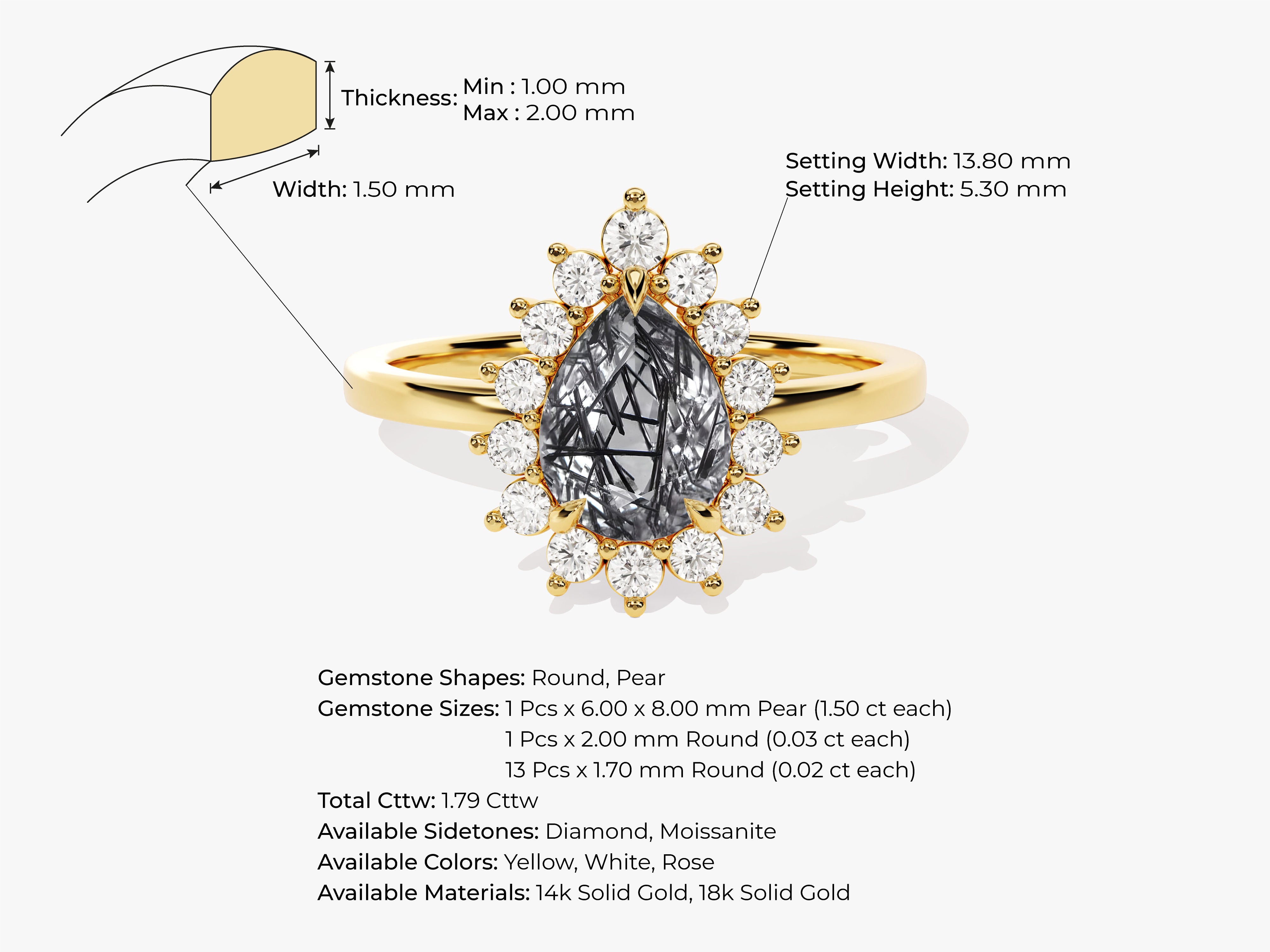 Gold ring with pear-cut black diamond and surrounding white diamonds