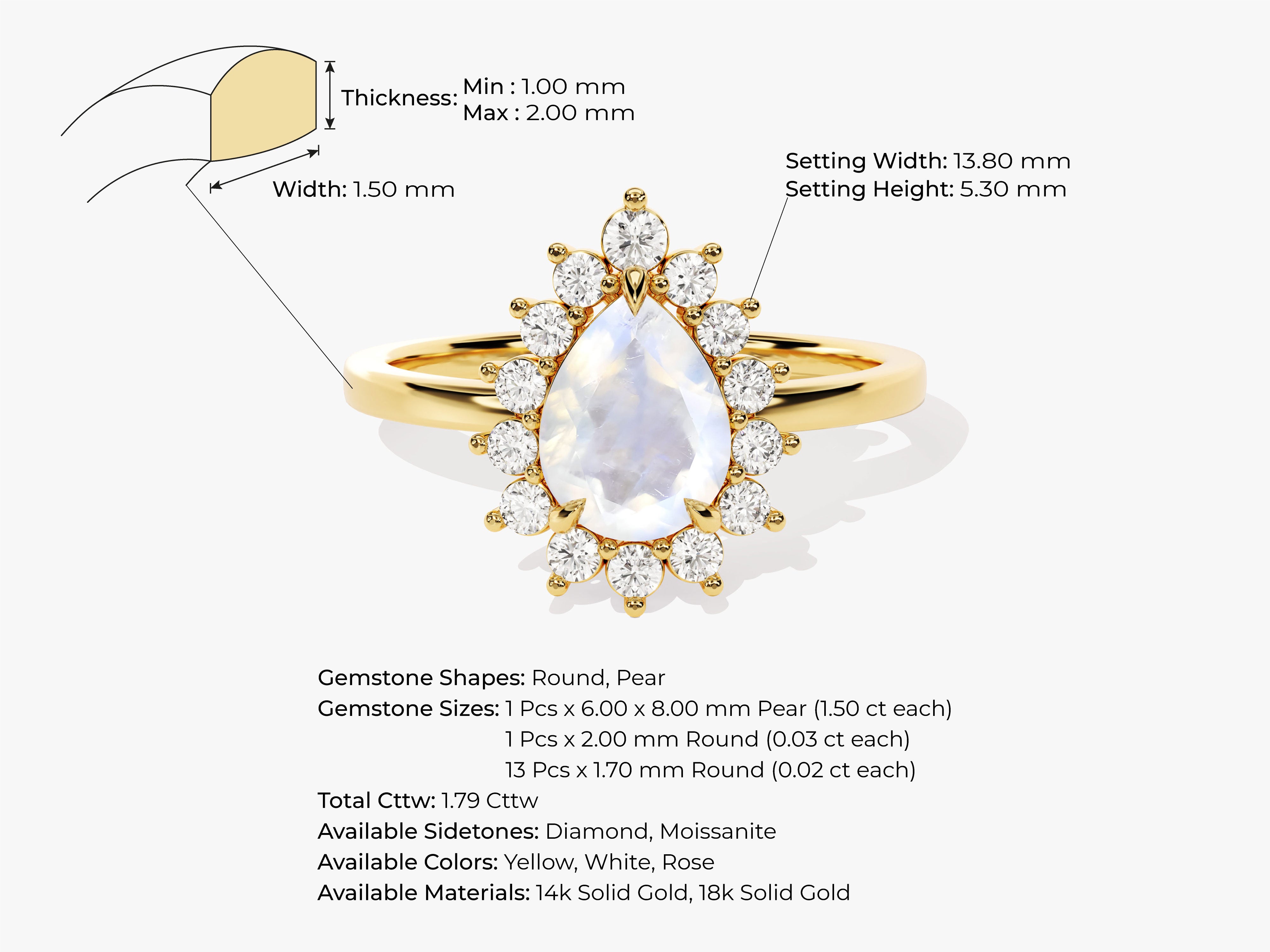 Gold pear-shaped moonstone halo ring with diamond accents