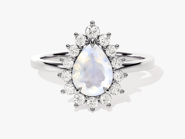 Pear-shaped moonstone ring with diamond halo, fine jewelry
