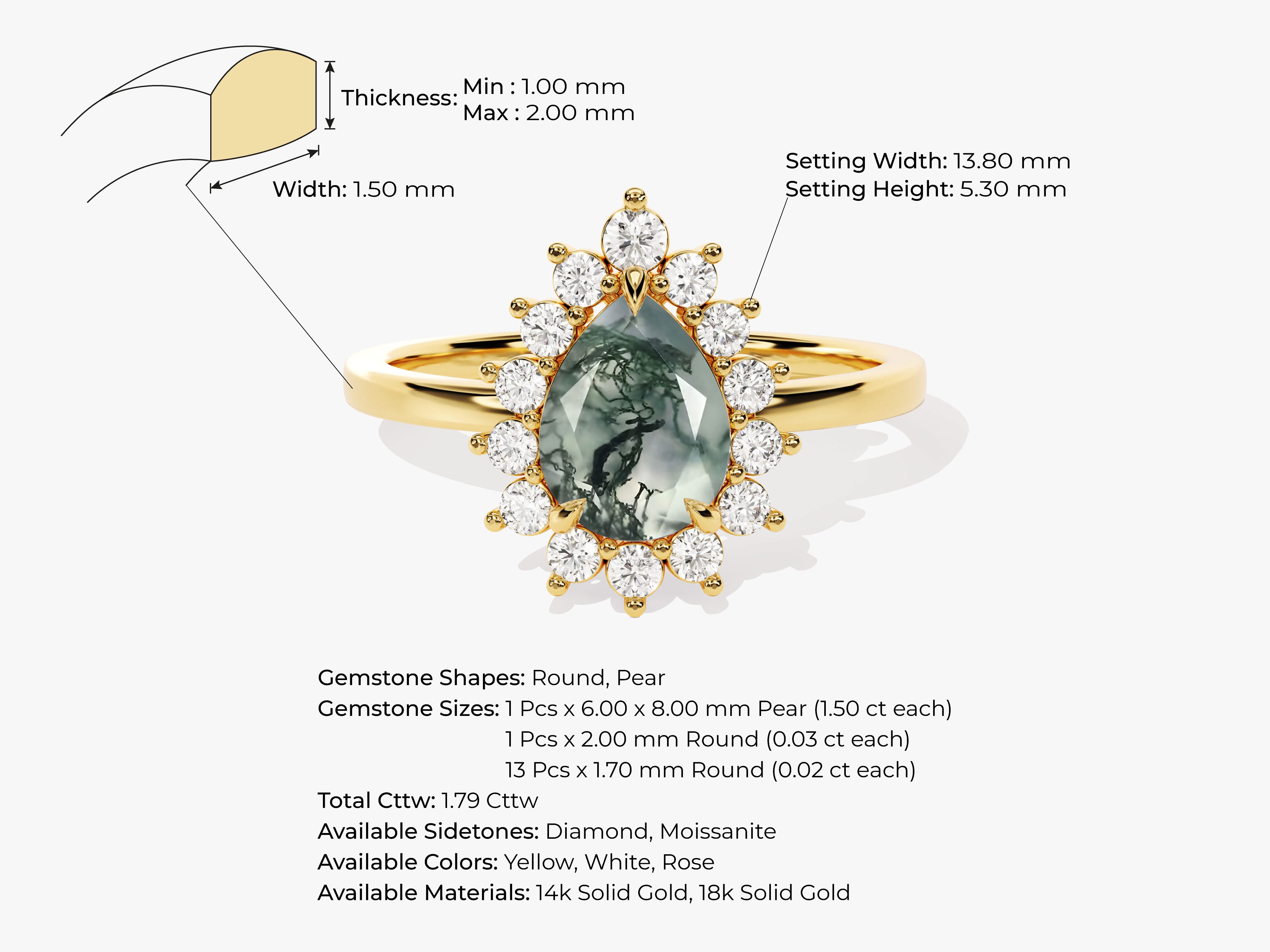 Gold ring with pear moss agate and diamond halo setting