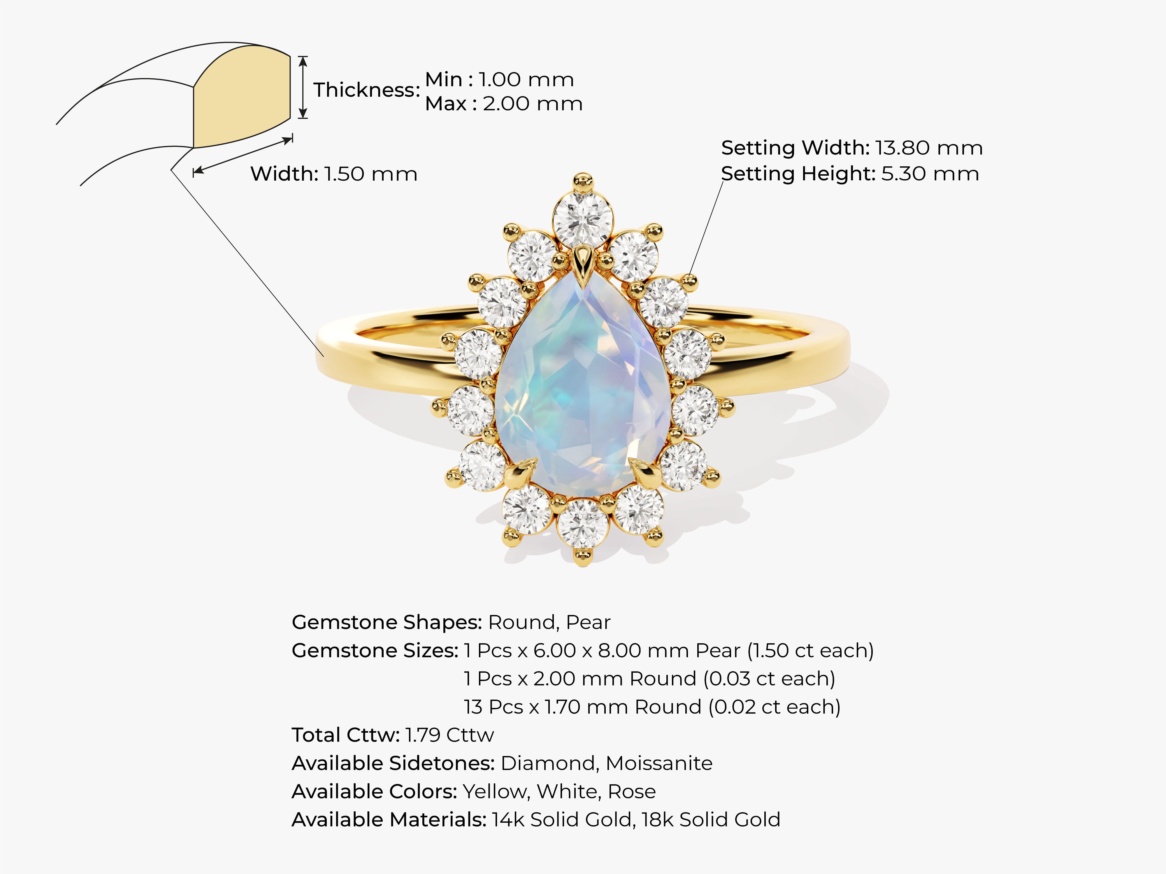 Gold pear halo ring with opal and diamonds