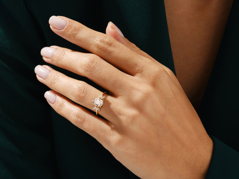 Oval Cut Peach Morganite Engagement Ring with Marquise Sidestones