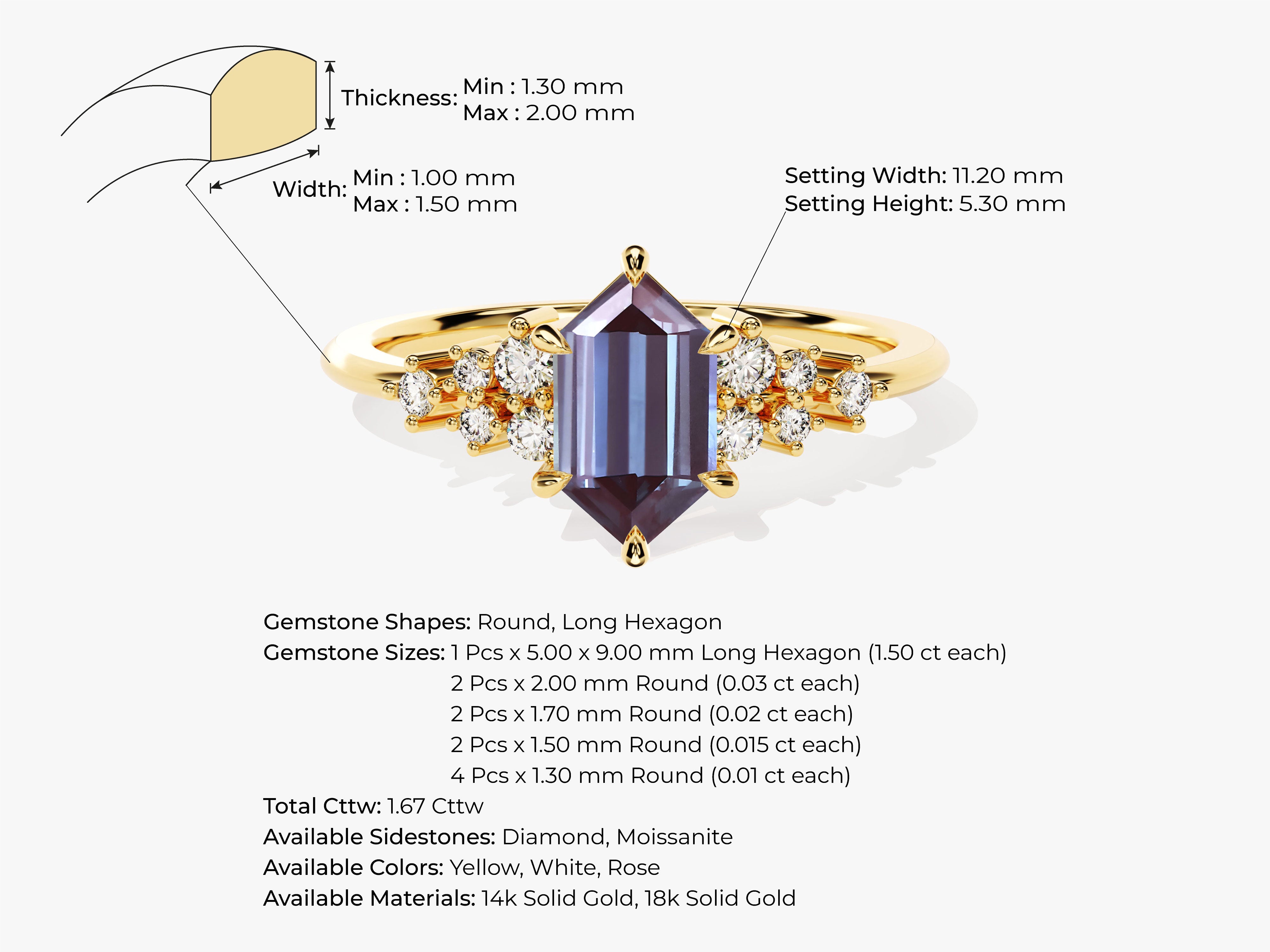 Gold ring with hexagon and round diamonds, jewelry details