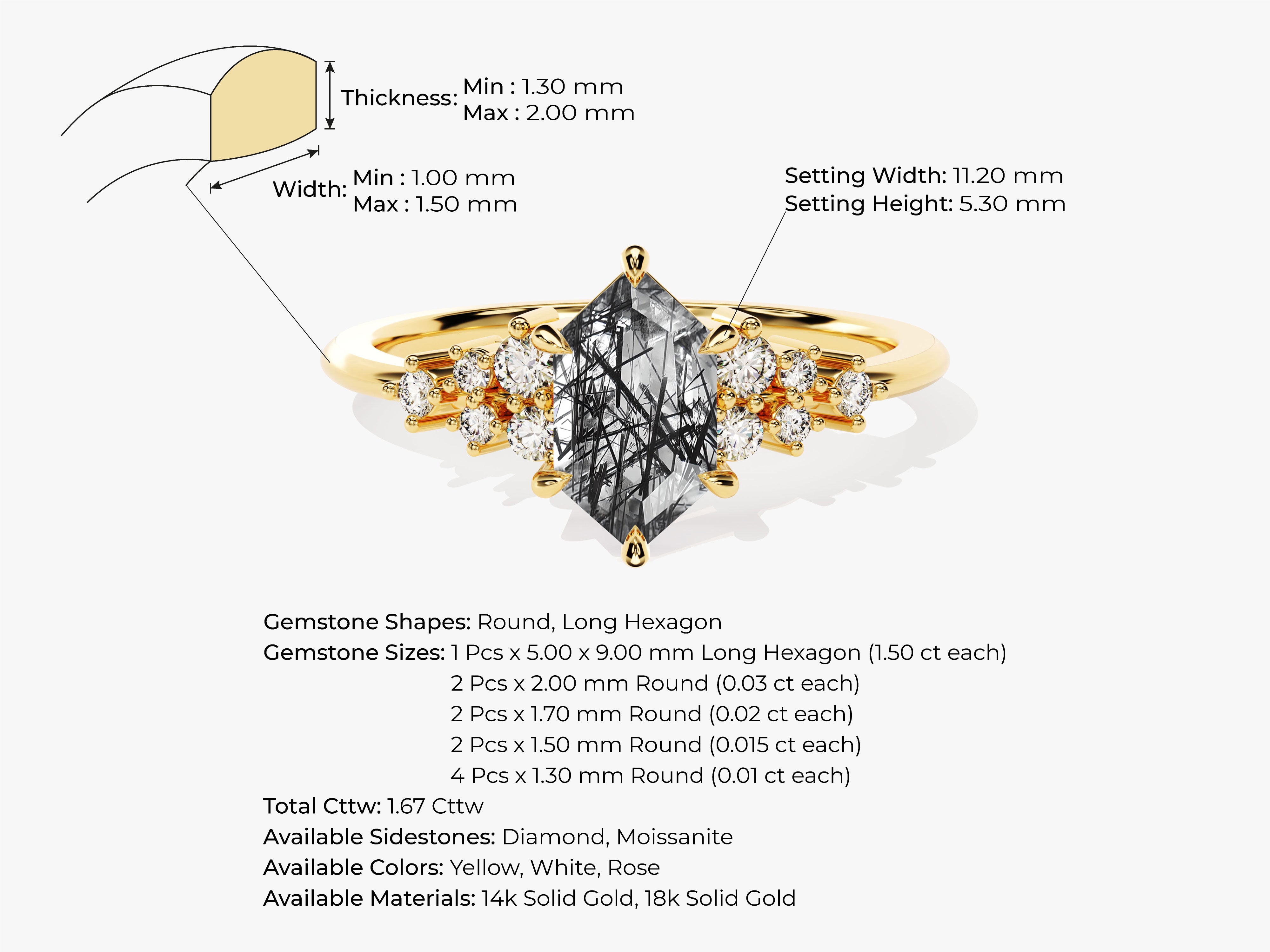 Gold ring with hexagon and round diamonds, jewelry details