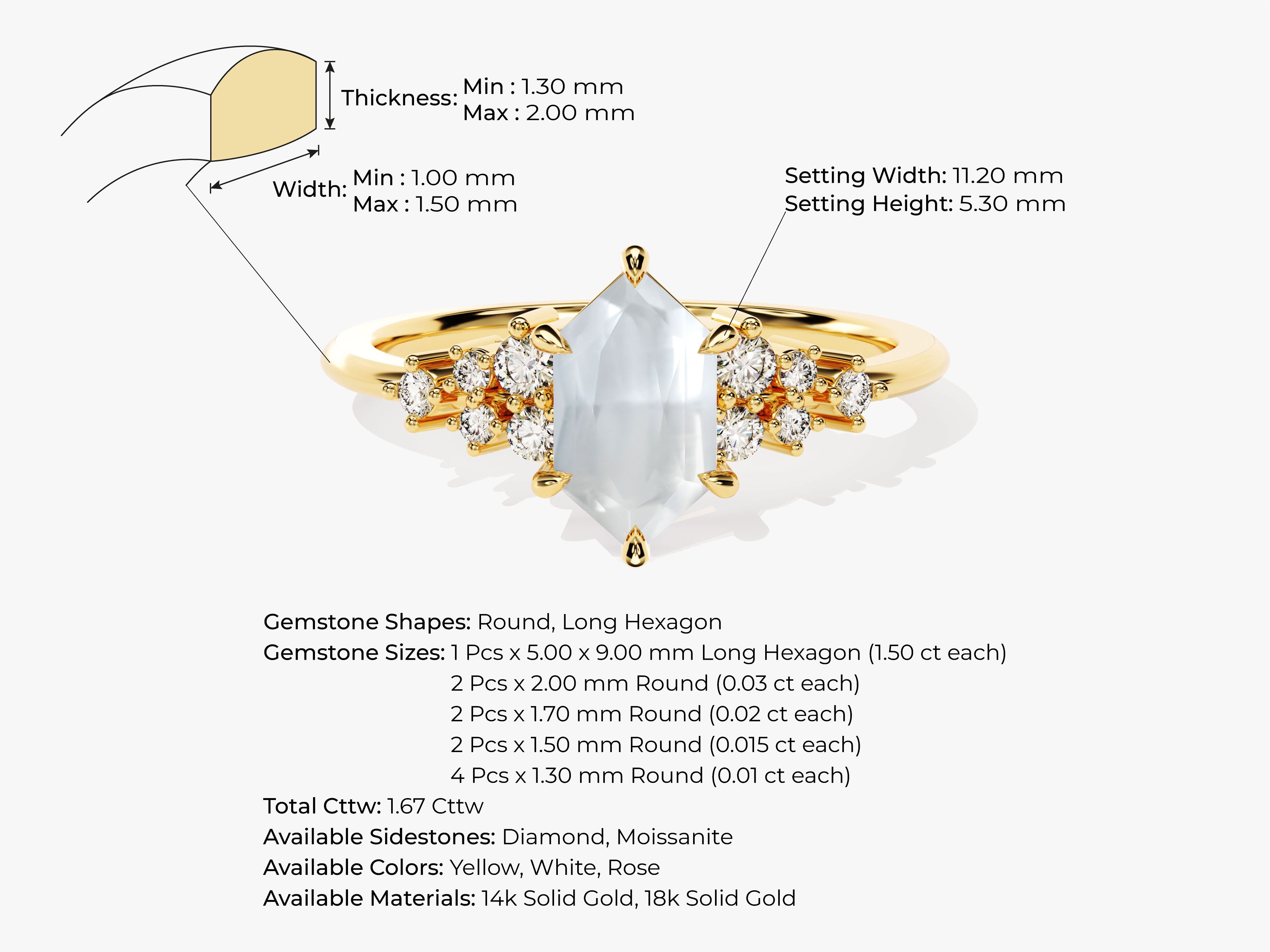 Gold ring with hexagon and round diamond side stones