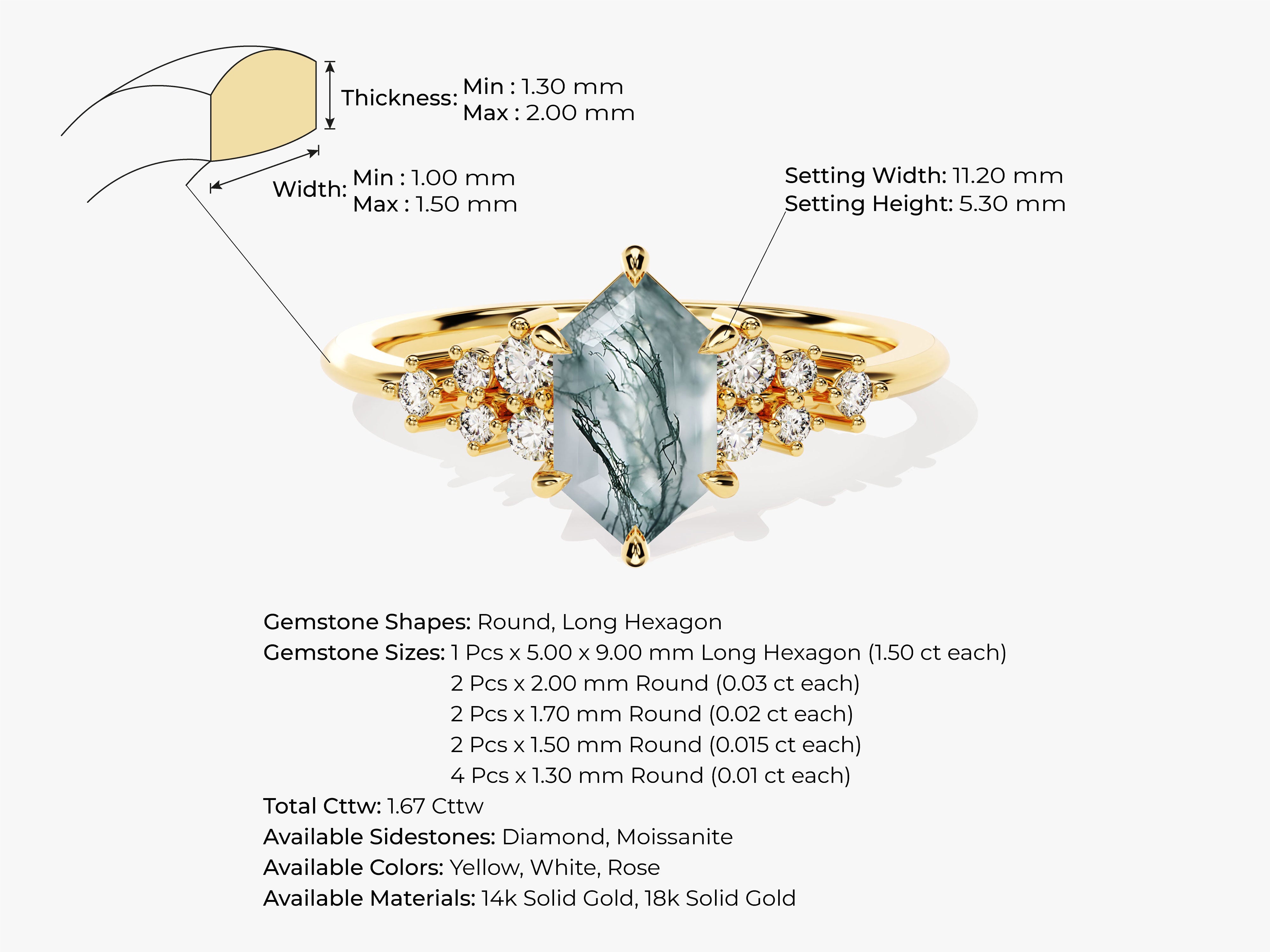 Gold ring with hexagon moss agate and diamonds, jewelry details