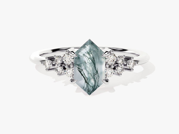 Long Hexagon Moss Agate Engagement Ring with Moissanite Cluster