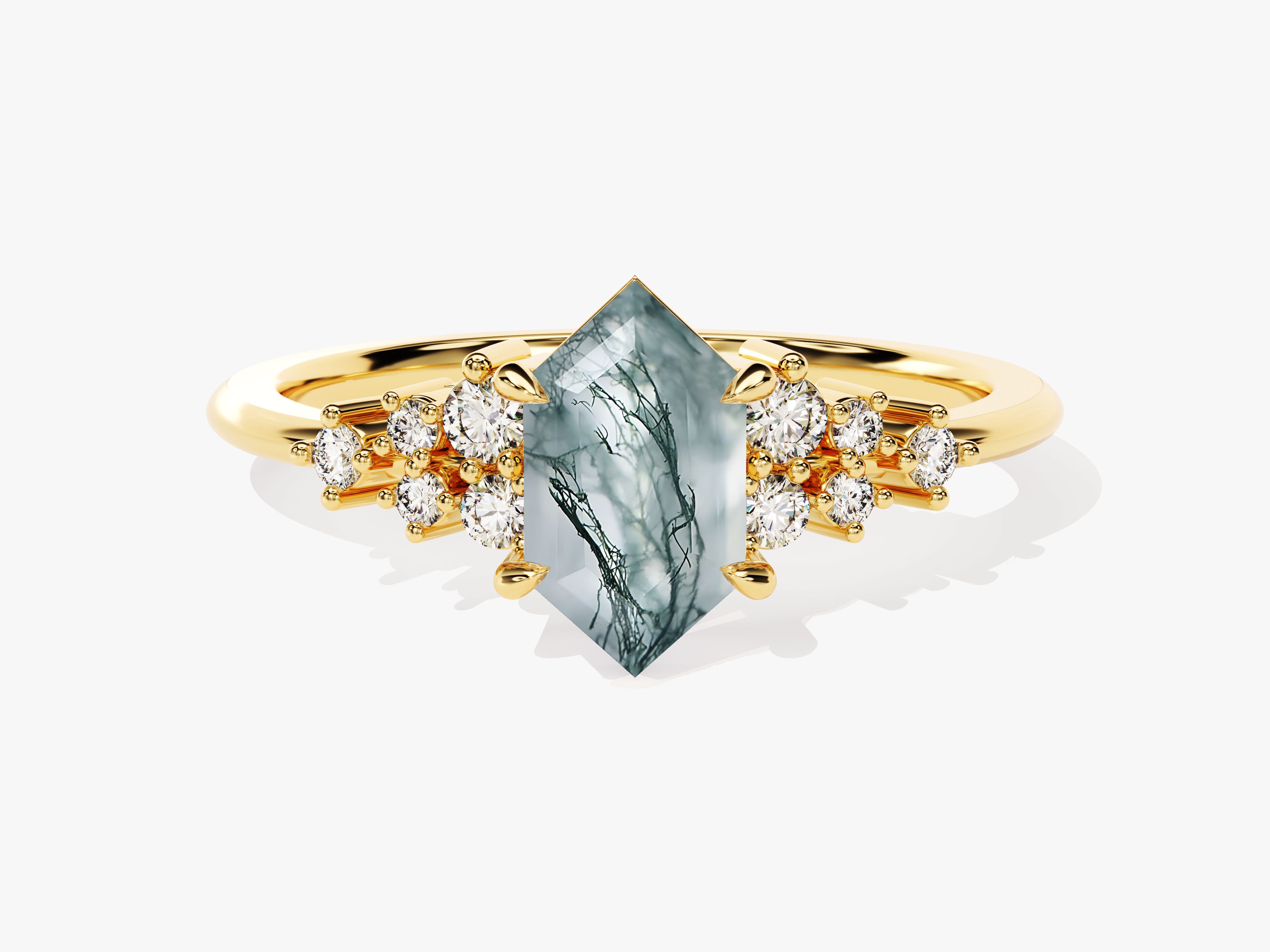 Hexagonal moss agate ring with diamonds on gold band