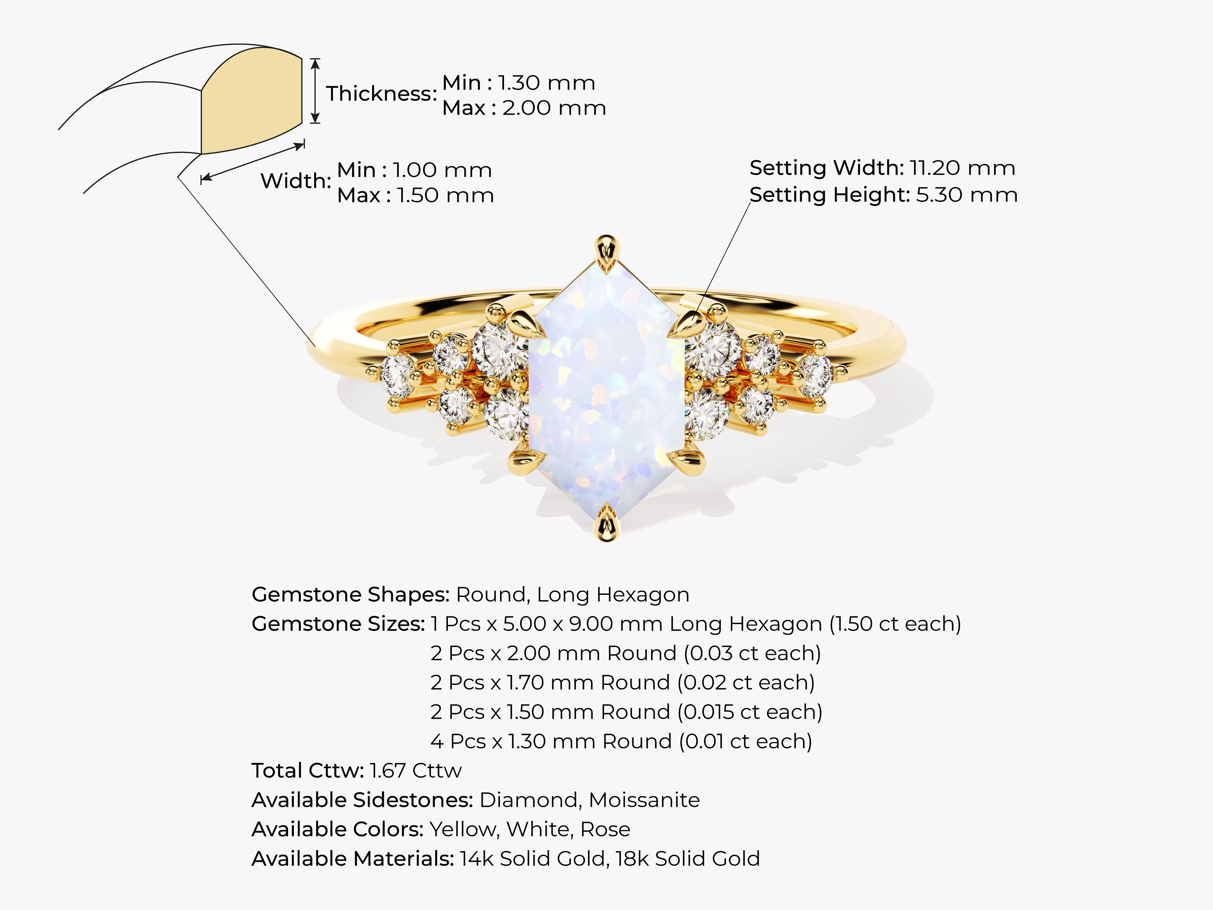 Gold ring with hexagon opal and diamond side stones