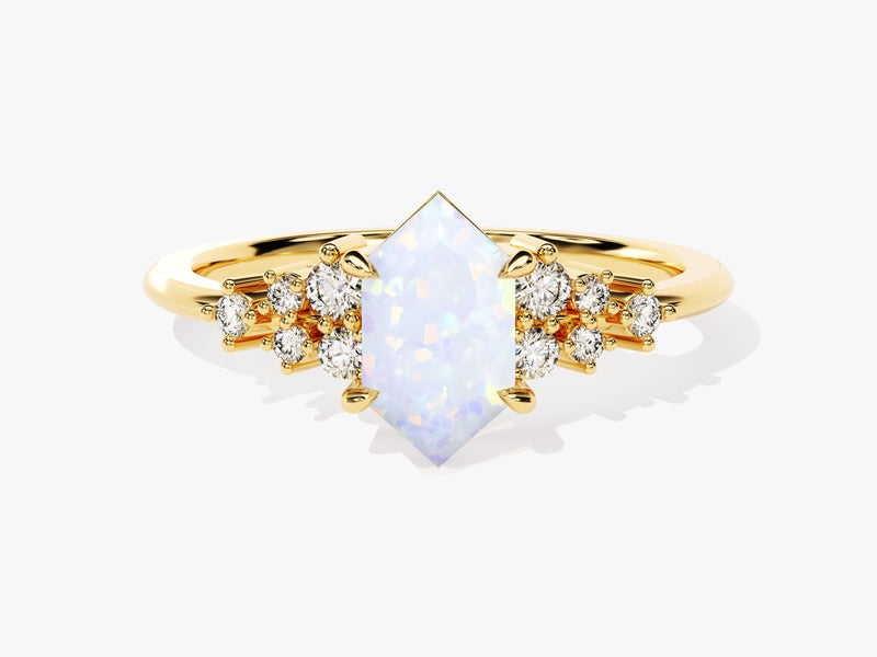 Long Hexagon Opal Engagement Ring with Moissanite Cluster