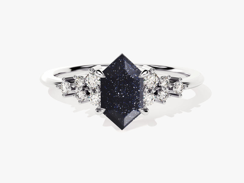 Long Hexagon Blue Sandstone Engagement Ring with Moissanite Cluster