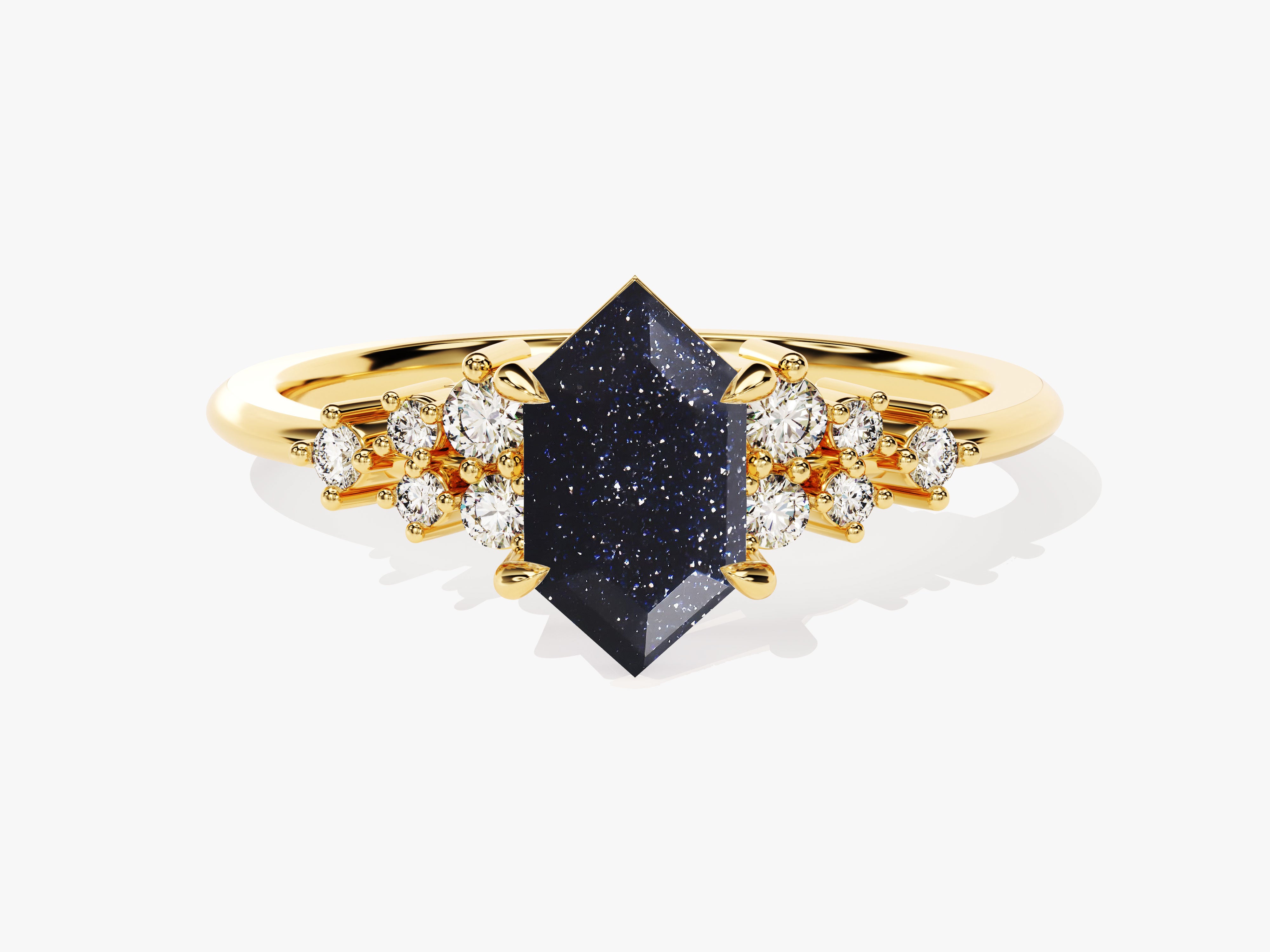Gold ring with hexagon blue sandstone and diamonds