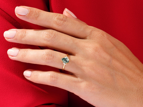 Pear Moss Agate Engagement Ring with Round Moissanite Sidestones