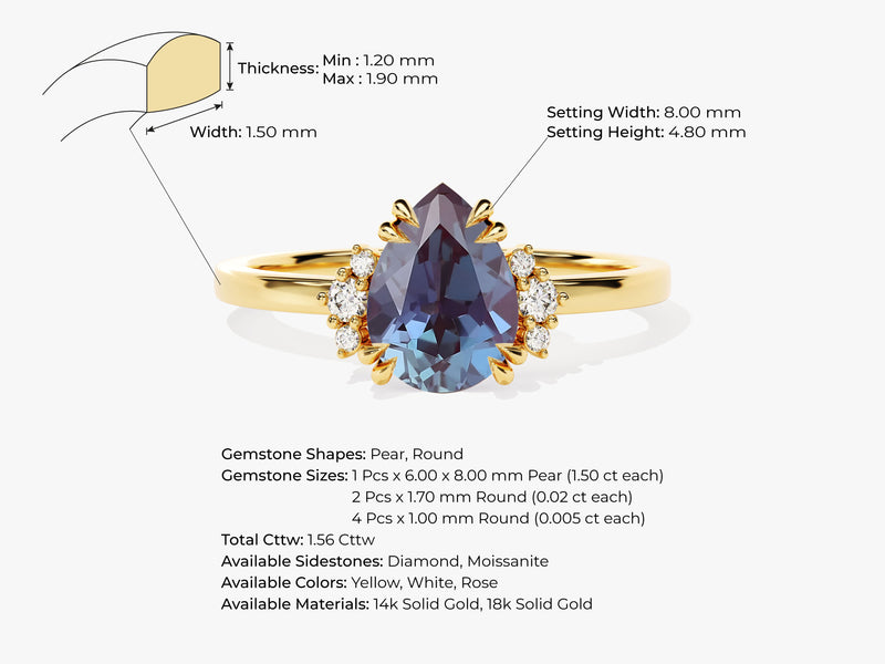 Pear Lab Alexandrite Engagement Ring with Round Moissanite Sidestones