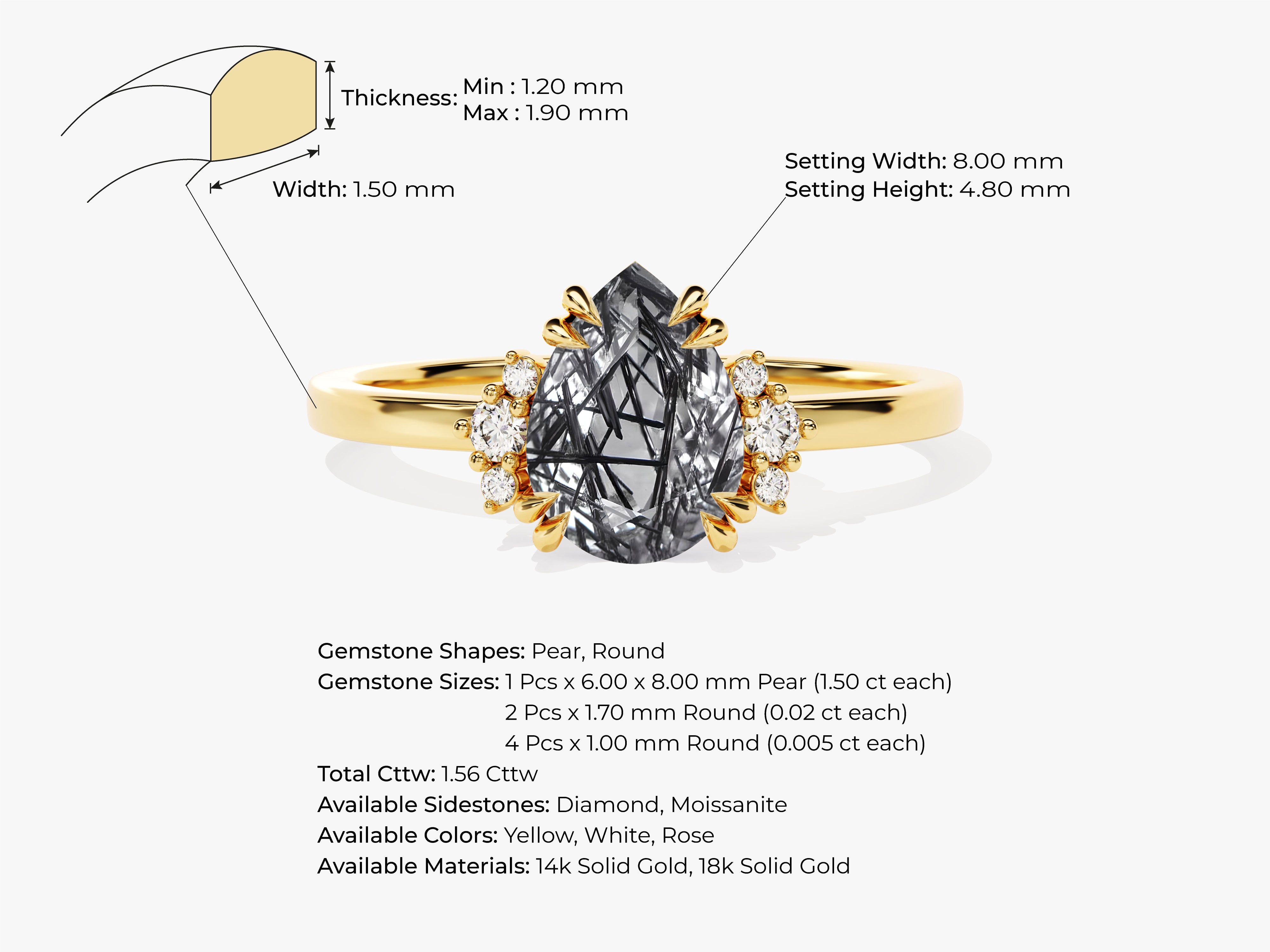 Pear Black Rutilated Quartz Engagement Ring with Round Moissanite Sidestones
