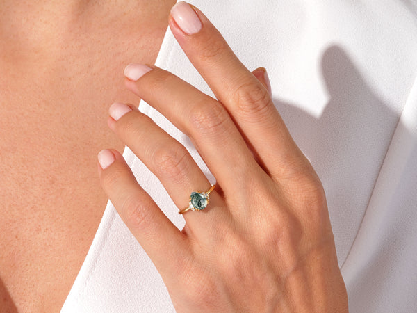 Pear Moss Agate Engagement Ring with Round Moissanite Sidestones