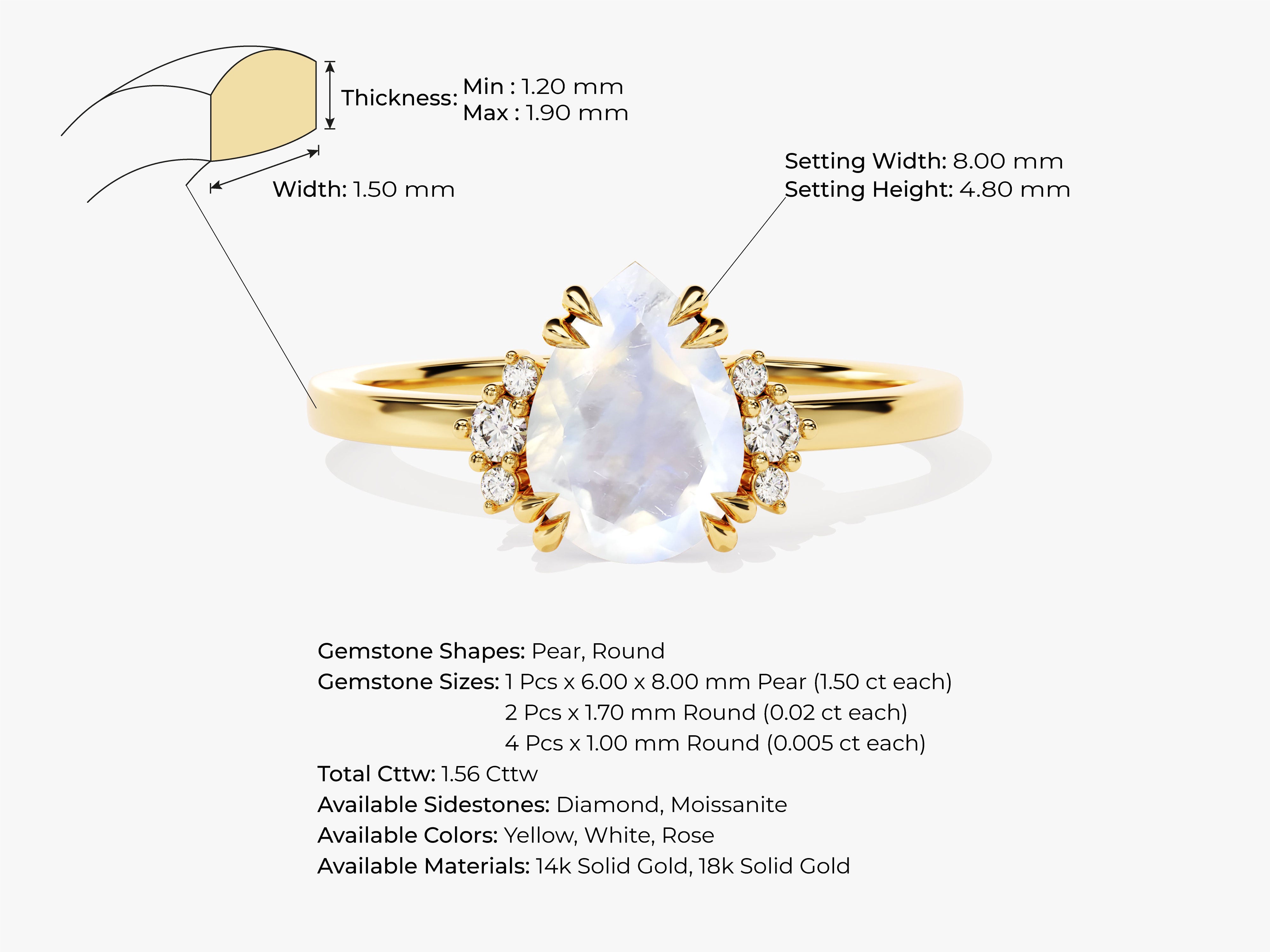 Gold ring with pear moonstone and diamonds, jewelry details