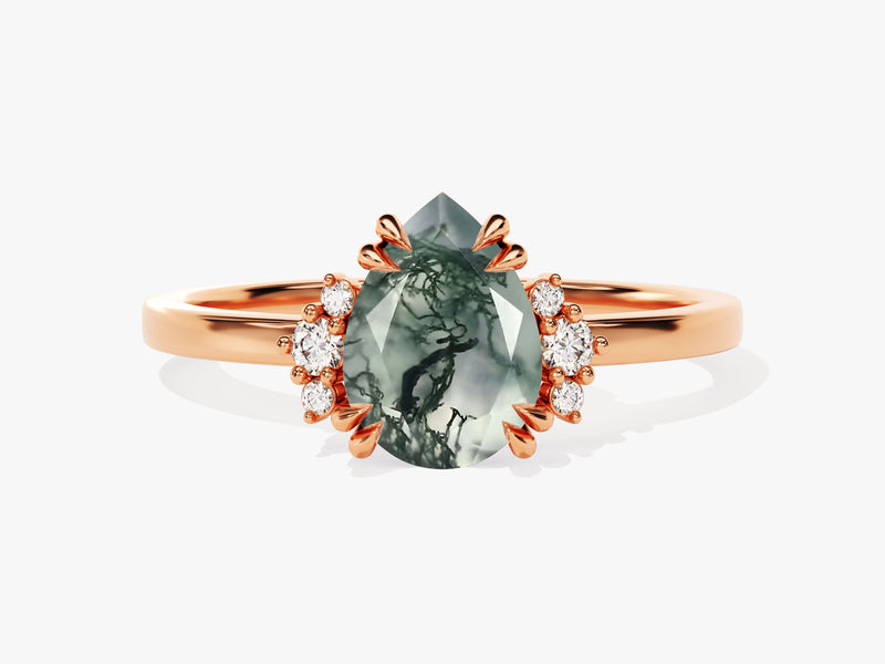 Pear Moss Agate Engagement Ring with Round Moissanite Sidestones
