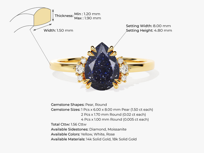 Pear Blue Sandstone Engagement Ring with Round Moissanite Sidestones