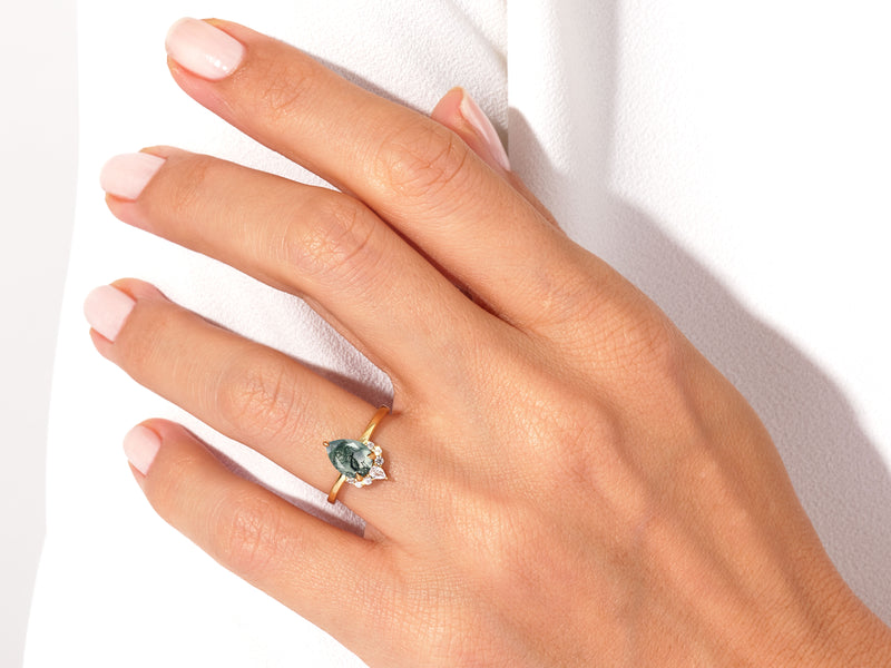 Pear Moss Agate Vintage Engagement Ring with Moissanite