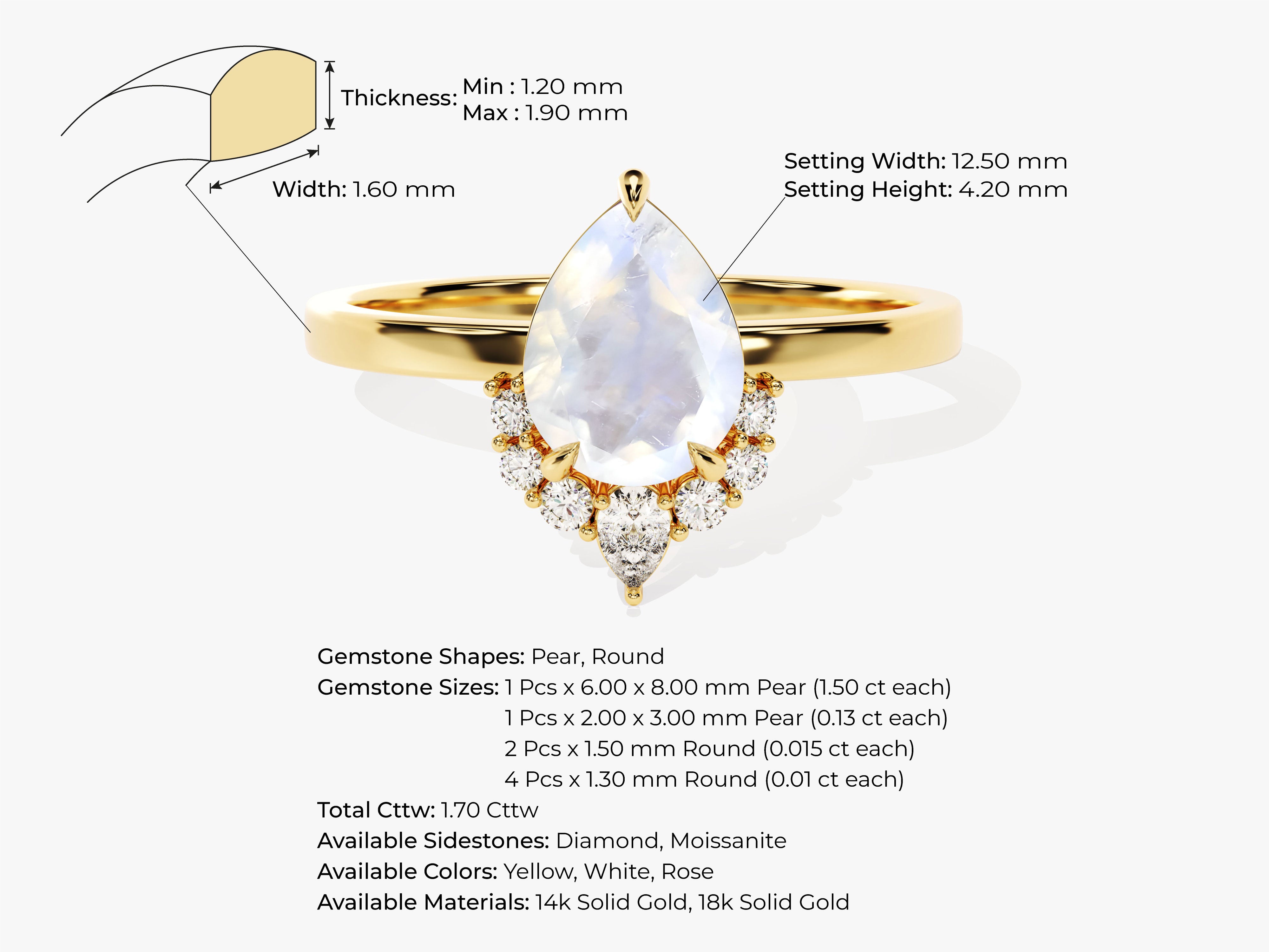Pear-shaped moonstone ring with diamonds, available in gold