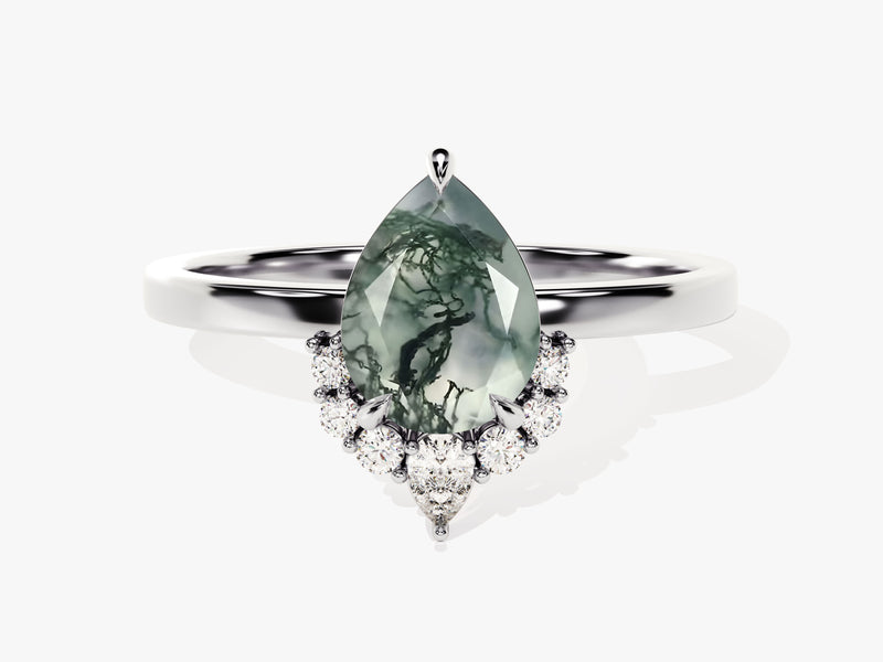 Pear Moss Agate Vintage Engagement Ring with Moissanite