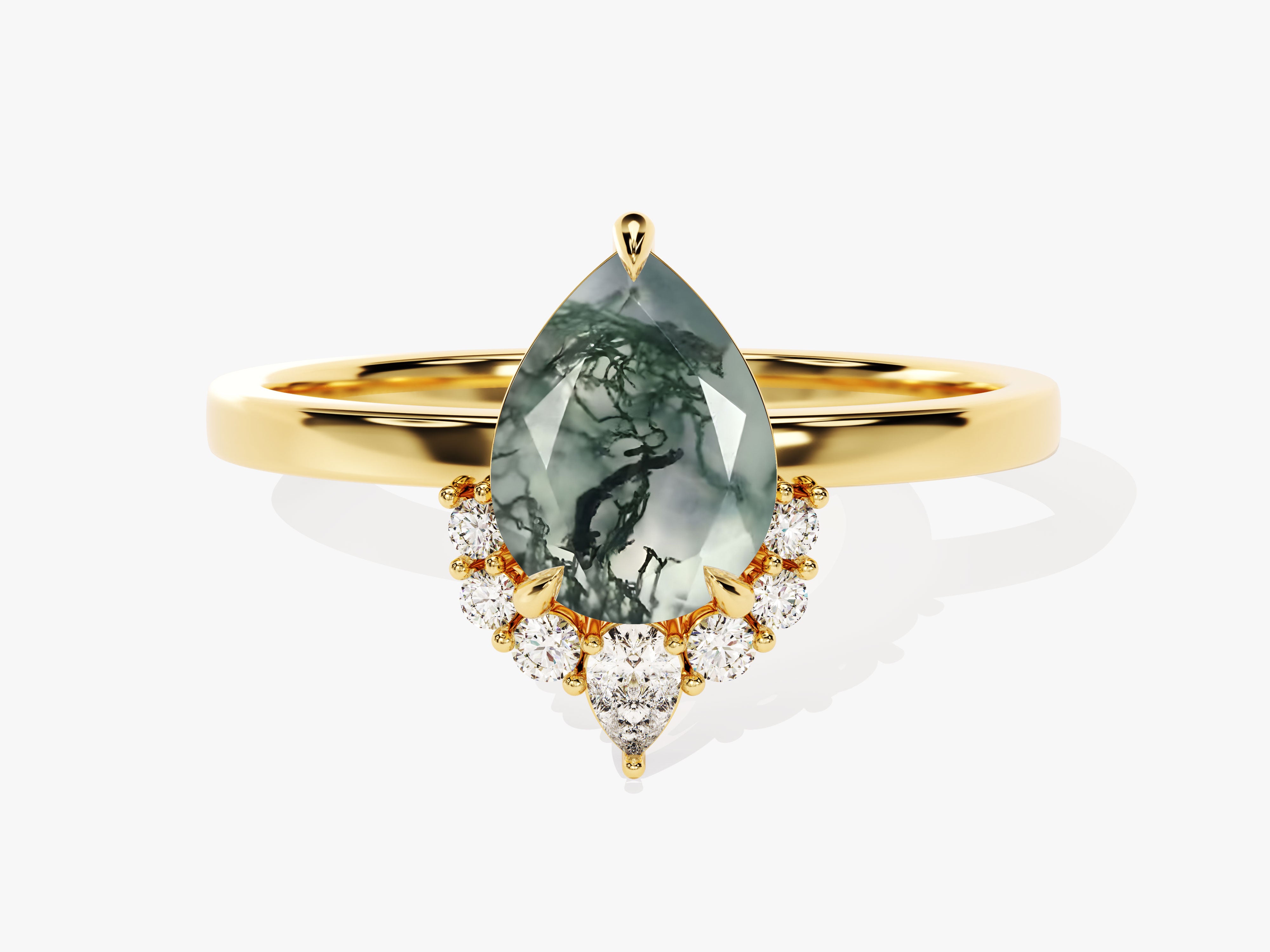 Gold ring with pear-shaped moss agate and diamond accents
