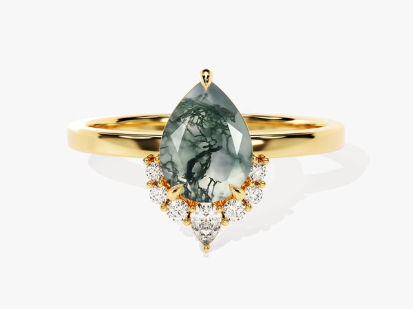 Pear Moss Agate Vintage Engagement Ring with Moissanite