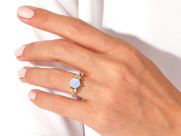 Hexagon Opal Engagement Ring with Moissanite Cluster